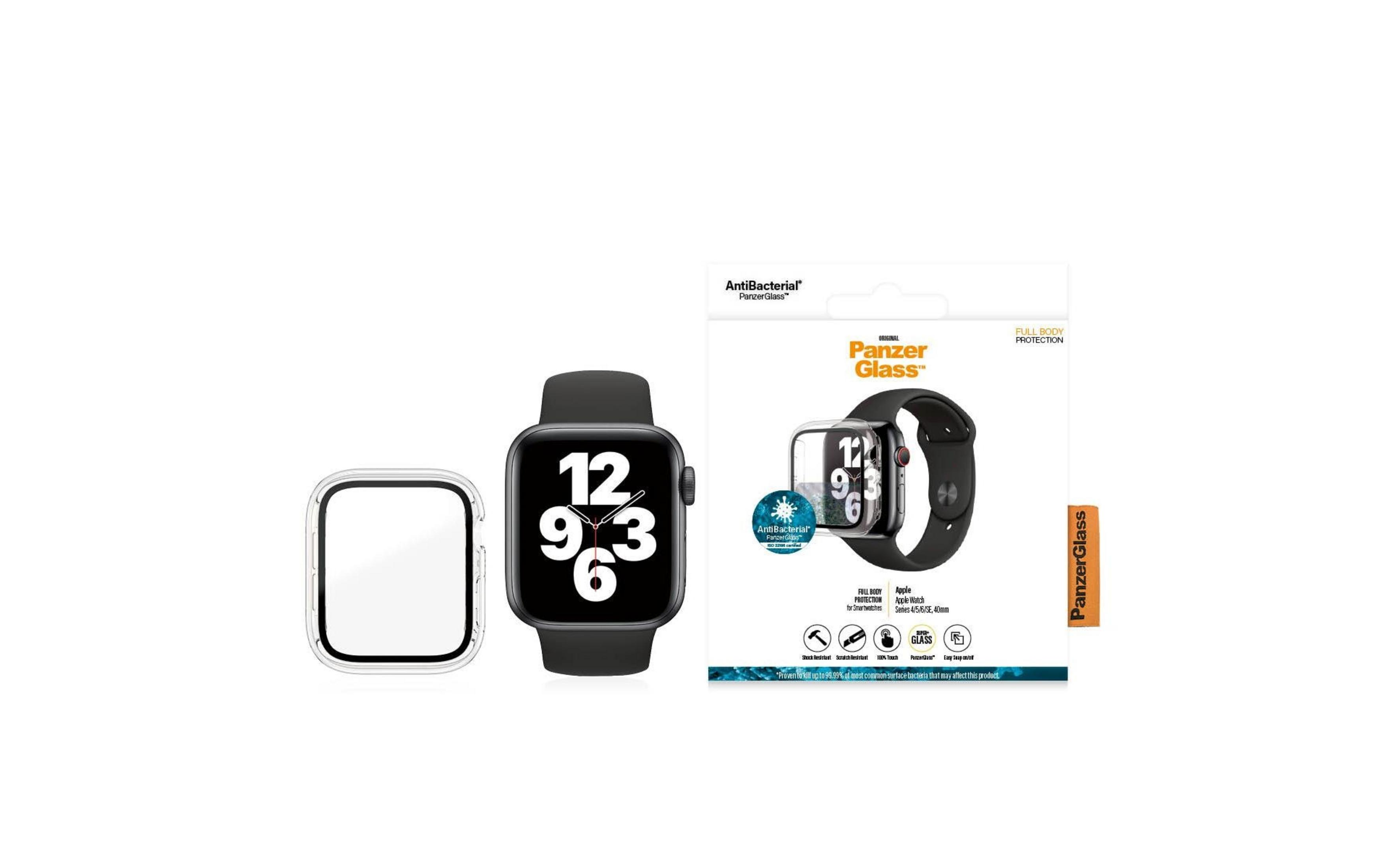 Een zwarte Apple Watch met een screenprotector en verpakking.