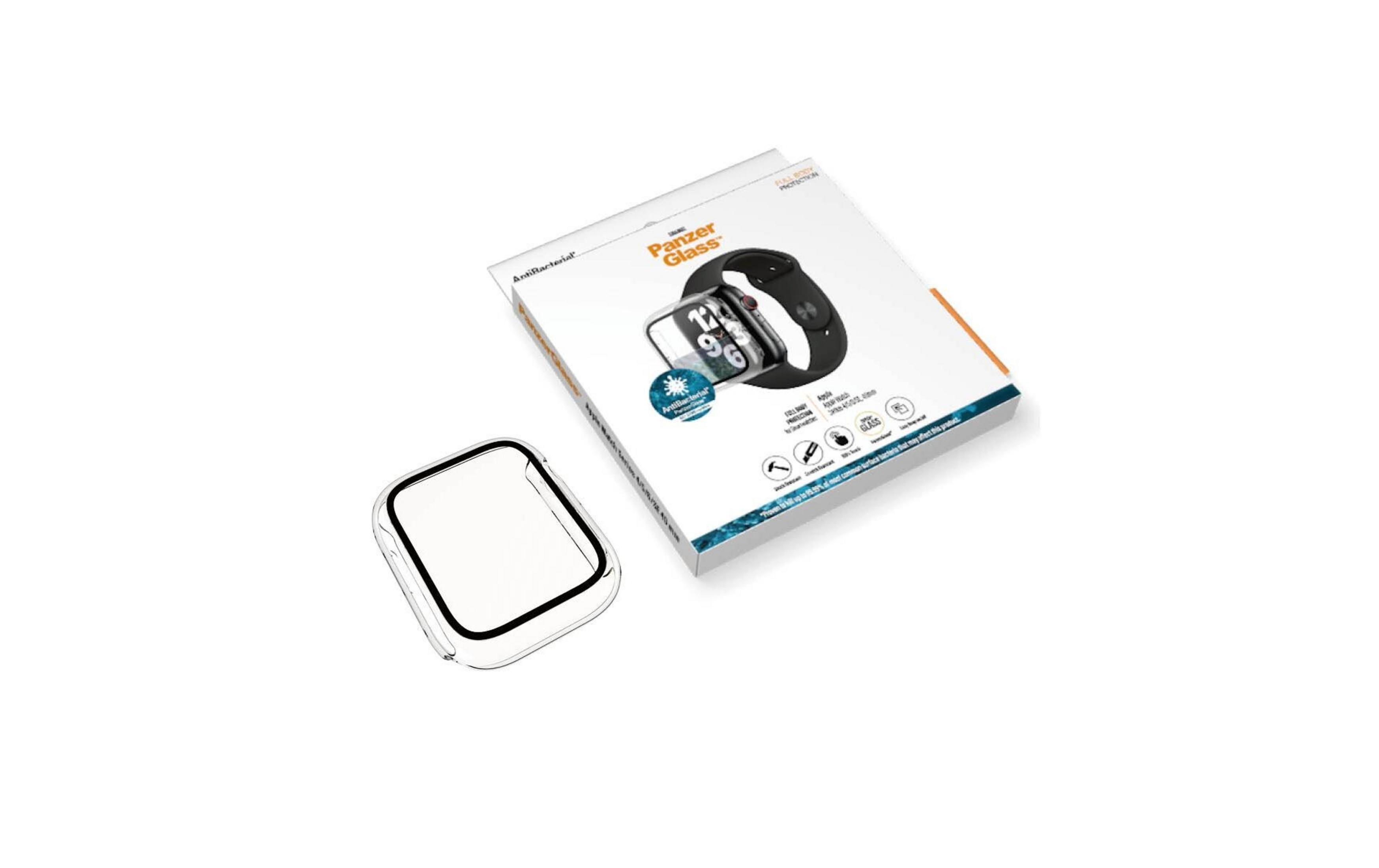 Een doorzichtige horlogekast en een Panzer Glass-doos met Apple Watch.