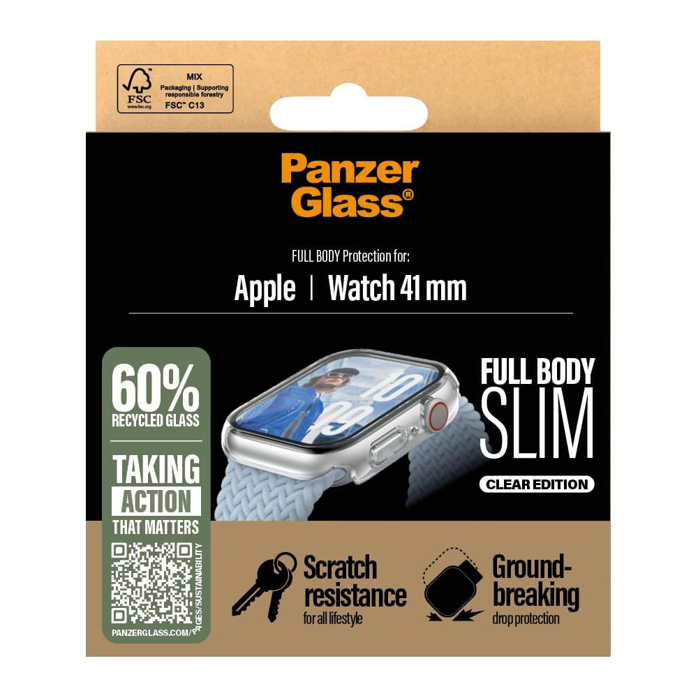 Panzer Glass packaging for Apple Watch 41mm, featuring 60% recycled glass.