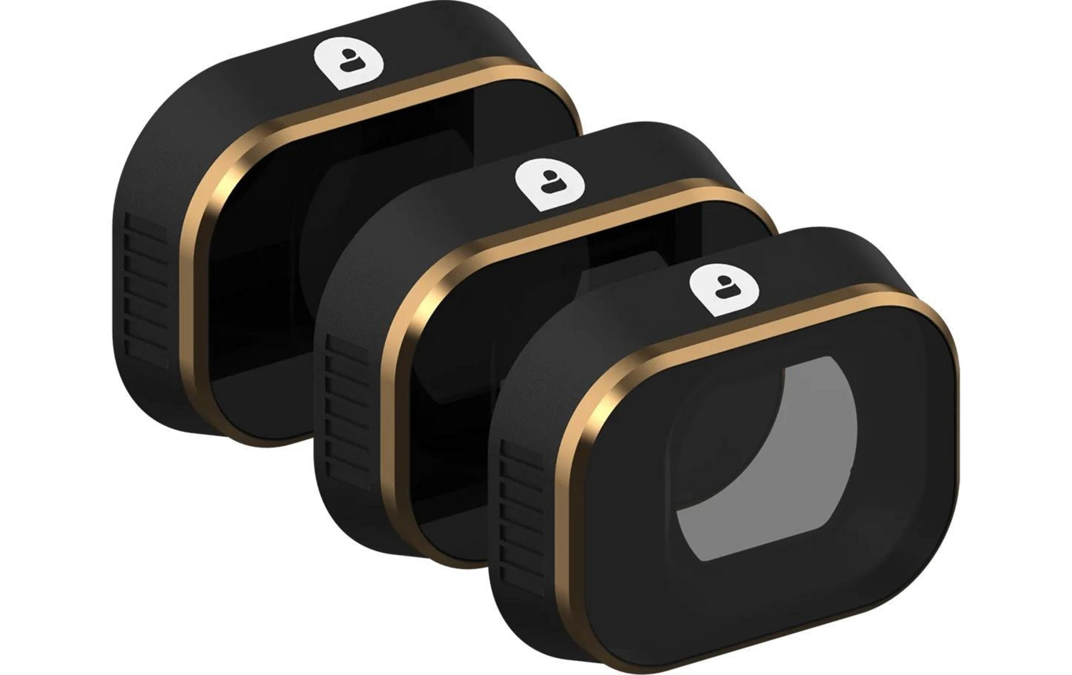 Trzy czarne kwadratowe filtry ze złotą ramką i białym symbolem.