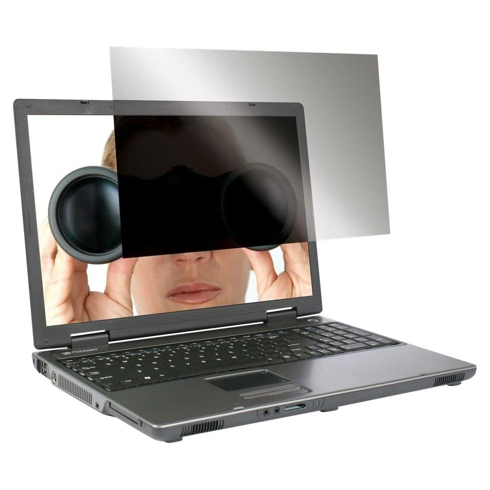 Laptop mit Sichtschutzfolie, darauf eine Frau, die durch Fernglas schaut.