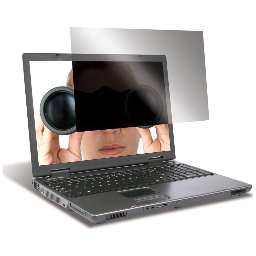 Laptop mit Sichtschutzfolie, Person blickt durch Fernglas auf Bildschirm.