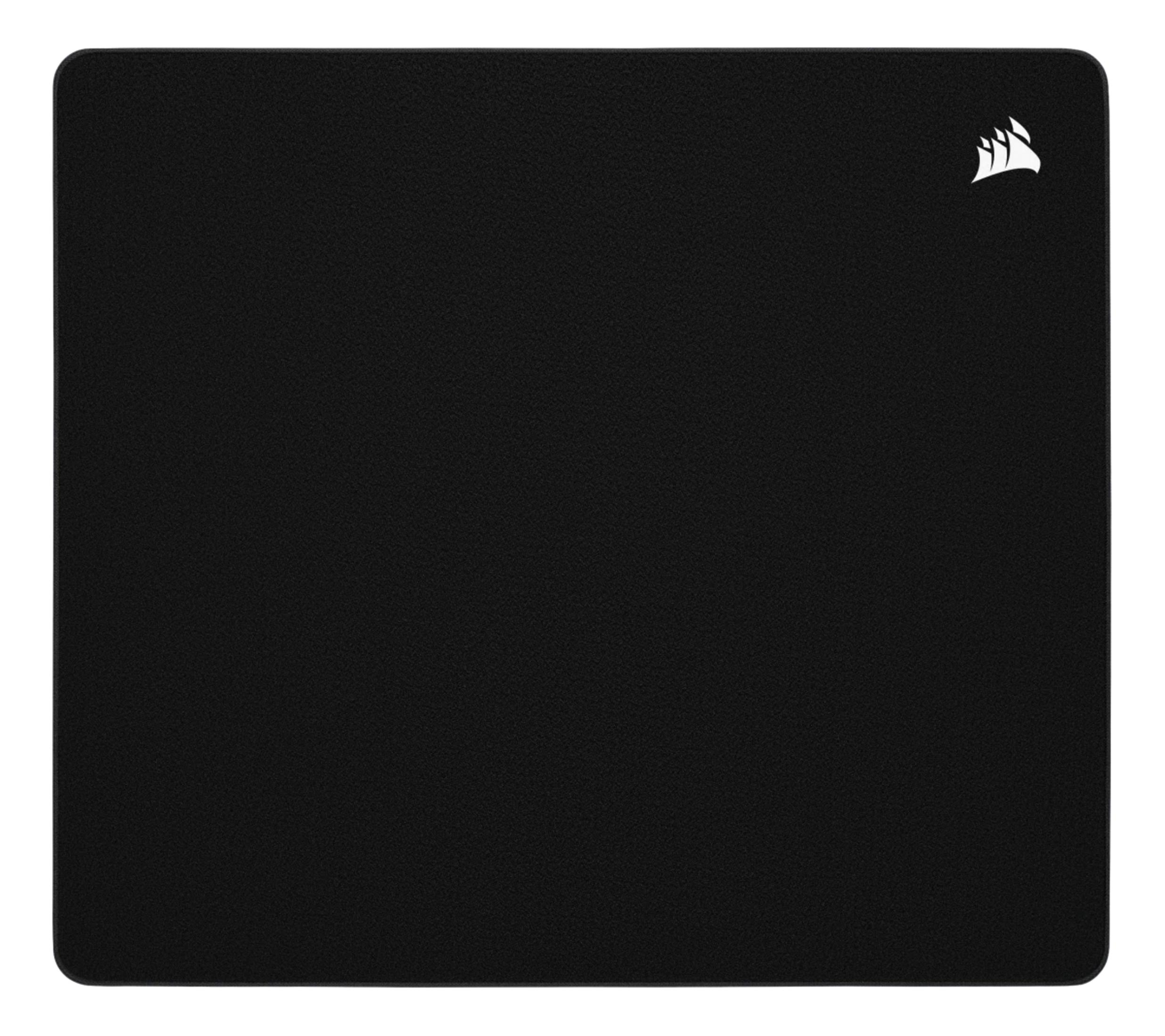 Czarna podkładka pod mysz z białym logo Corsair w prawym górnym rogu.