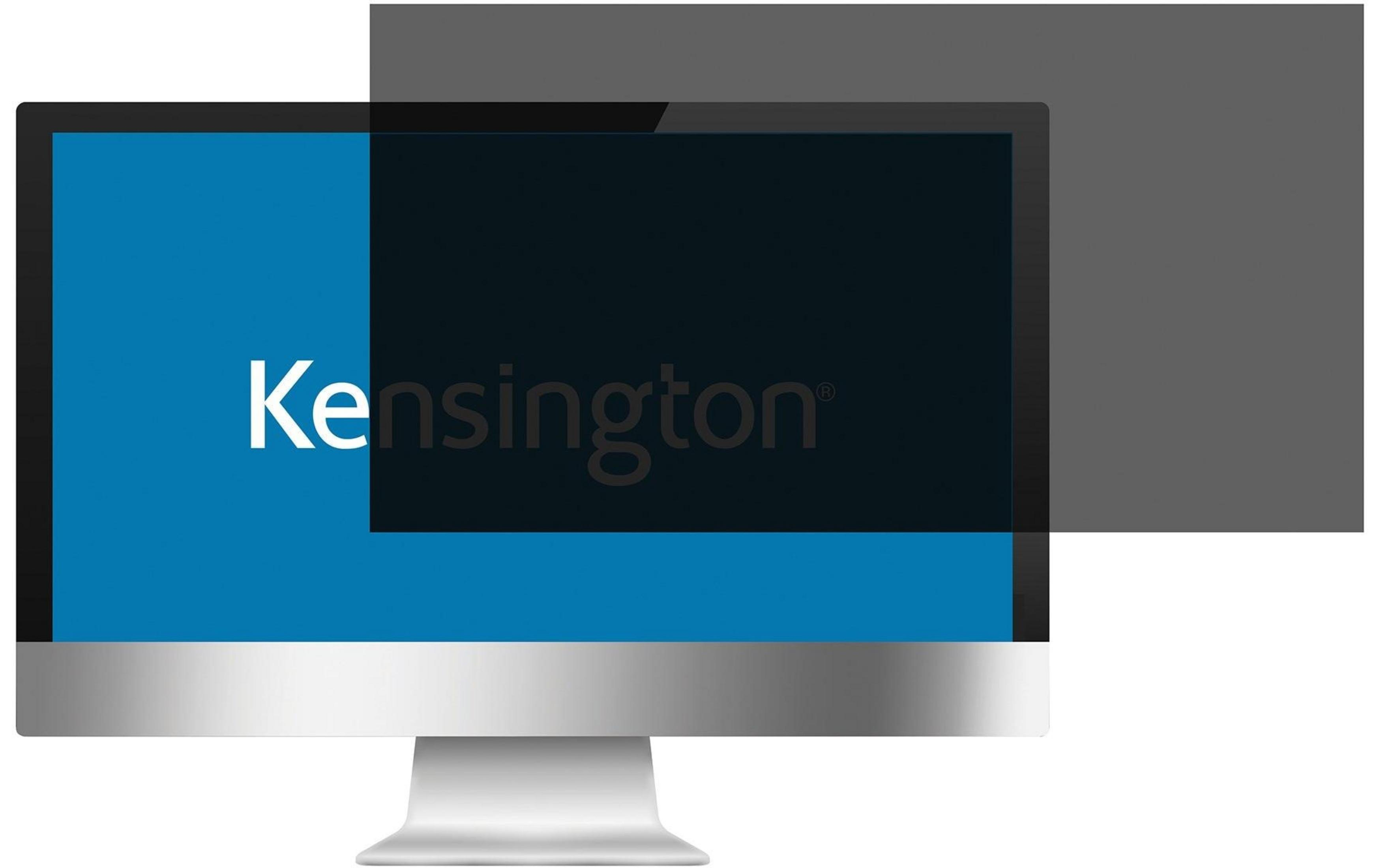 Un monitor moderno con schermo blu e scuro che mostra il logo Kensington.