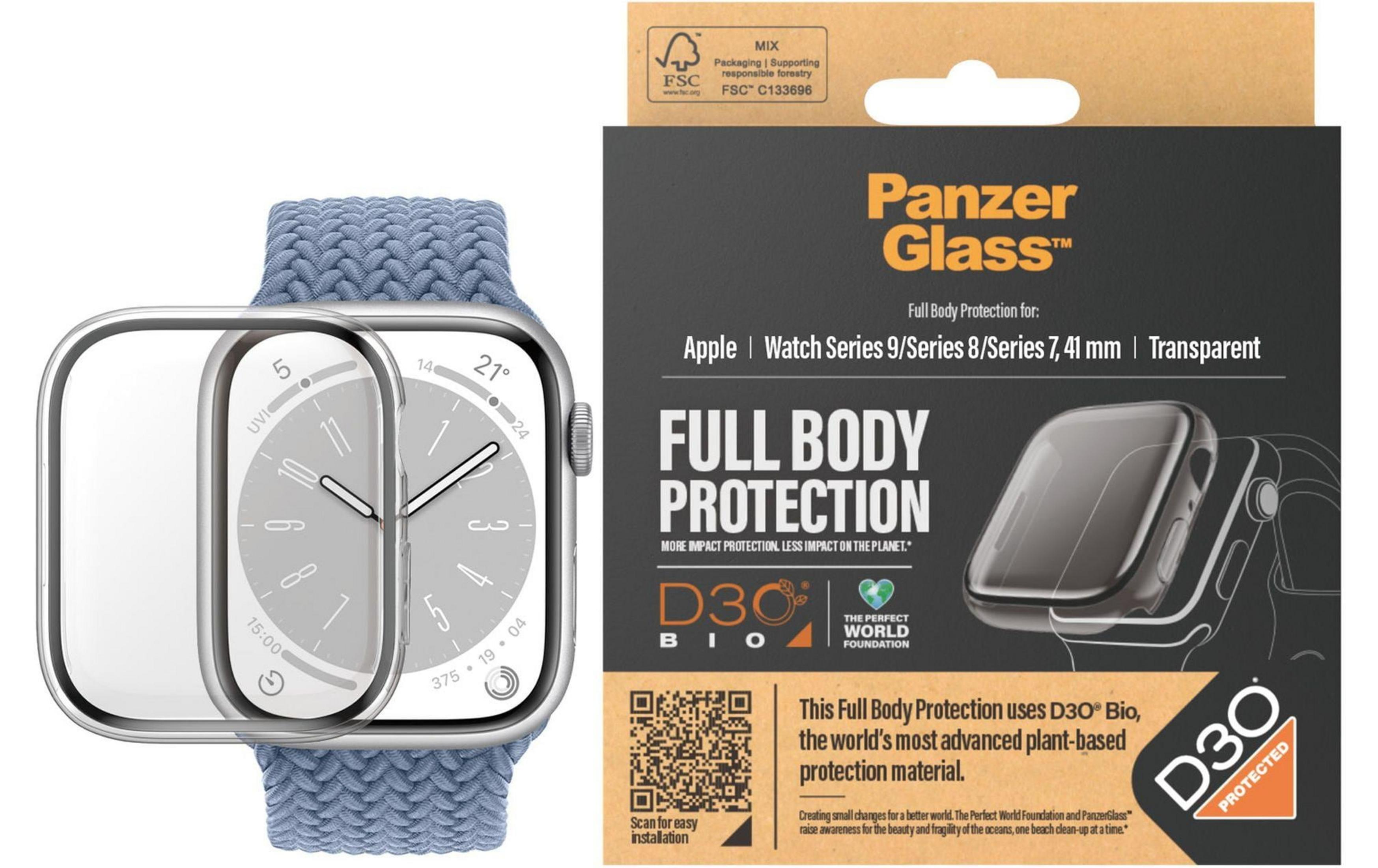 Une Apple Watch argentée avec bracelet bleu et protection intégrale PanzerGlass.