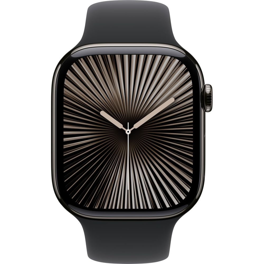 Uno smartwatch nero con quadrante radiale e cinturino scuro.
