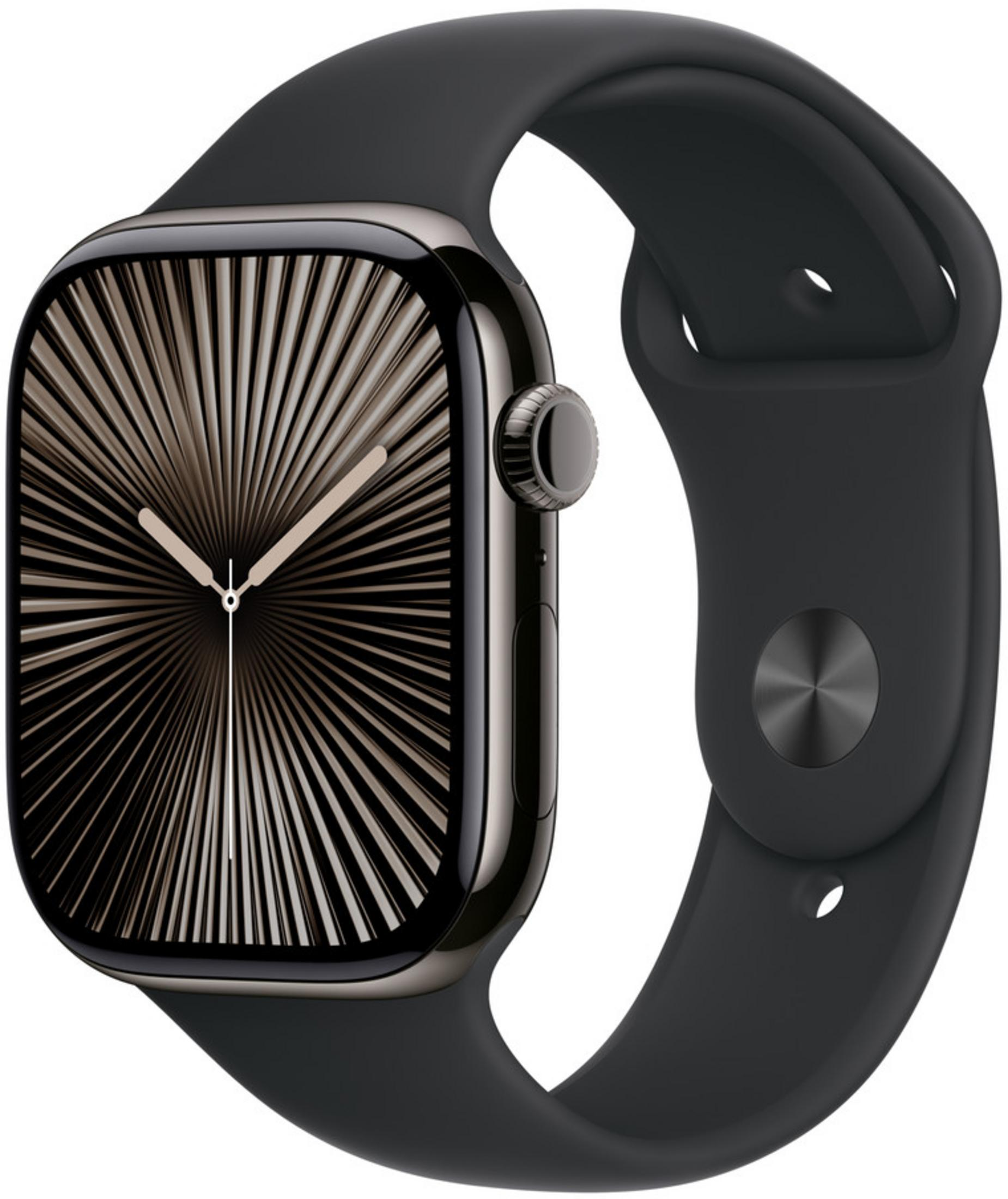 Ciemny Apple Watch z tarczą radialną i czarnym paskiem.