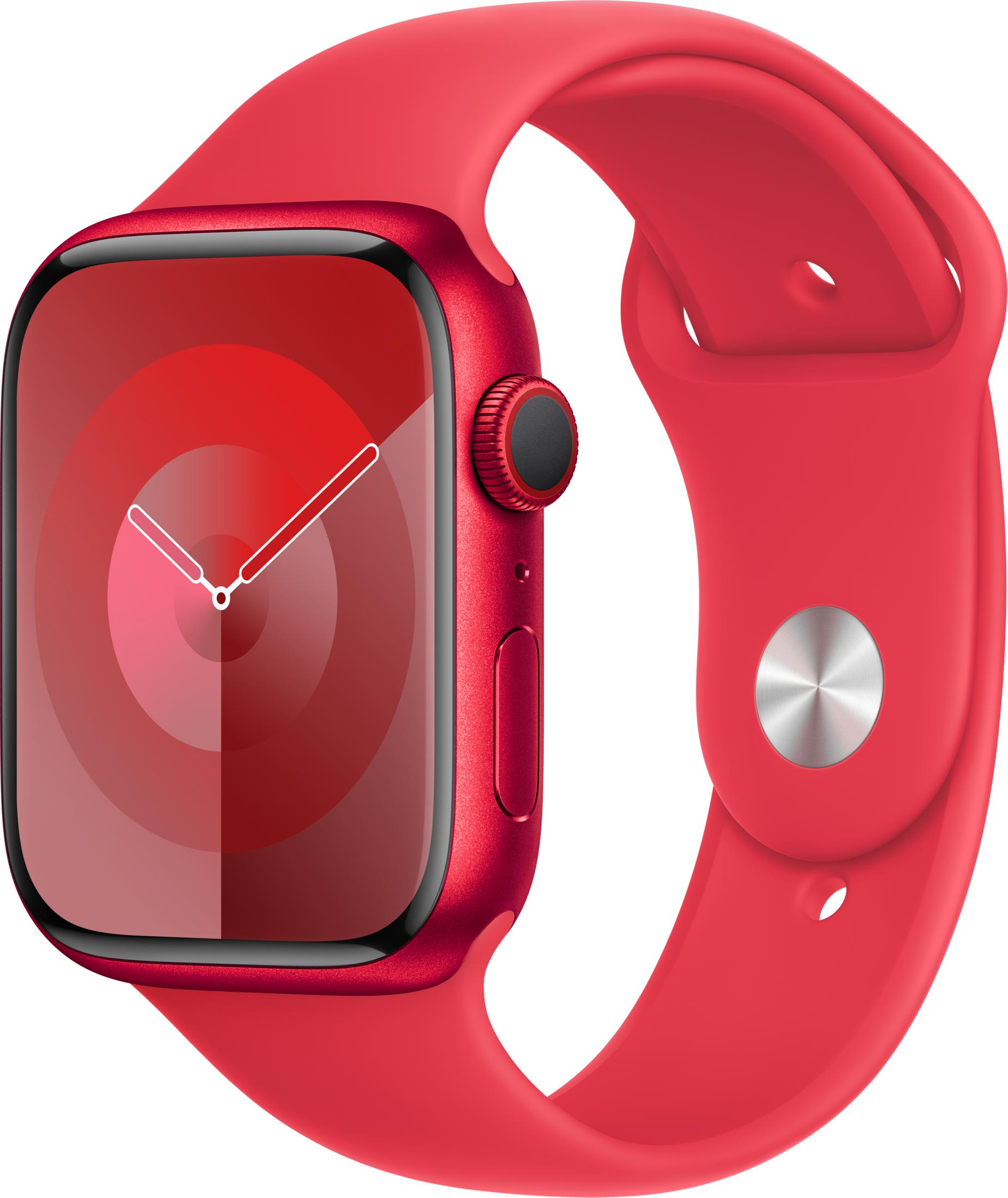 Een rode smartwatch met een wijzerplaat die een klok met wijzers toont.