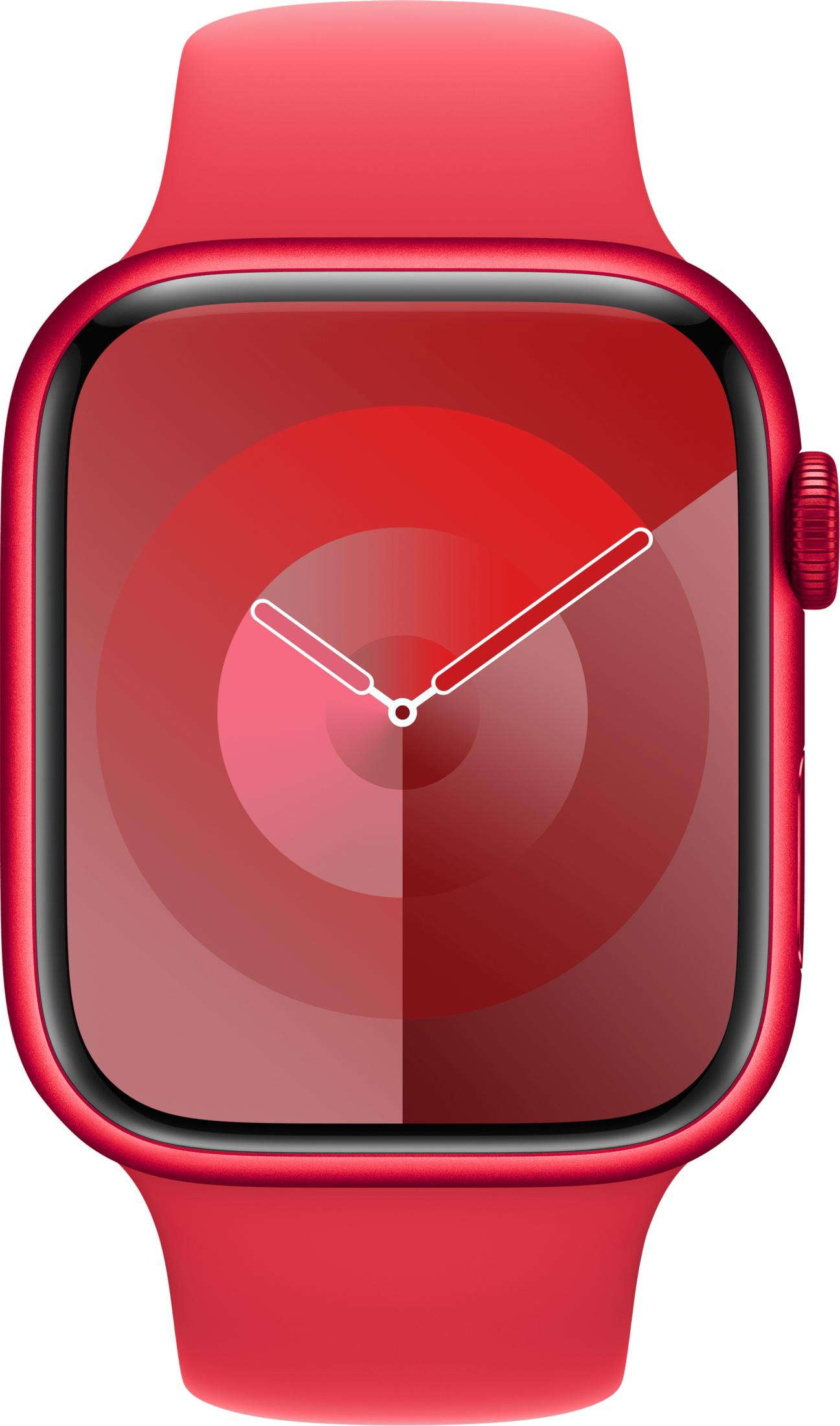 Een rode smartwatch met een rond wijzerplaat en twee wijzers.