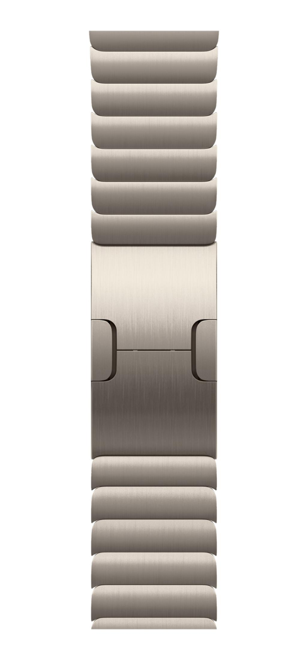 Srebrna, metalowa bransoleta zegarka z ogniwami i zapięciem.