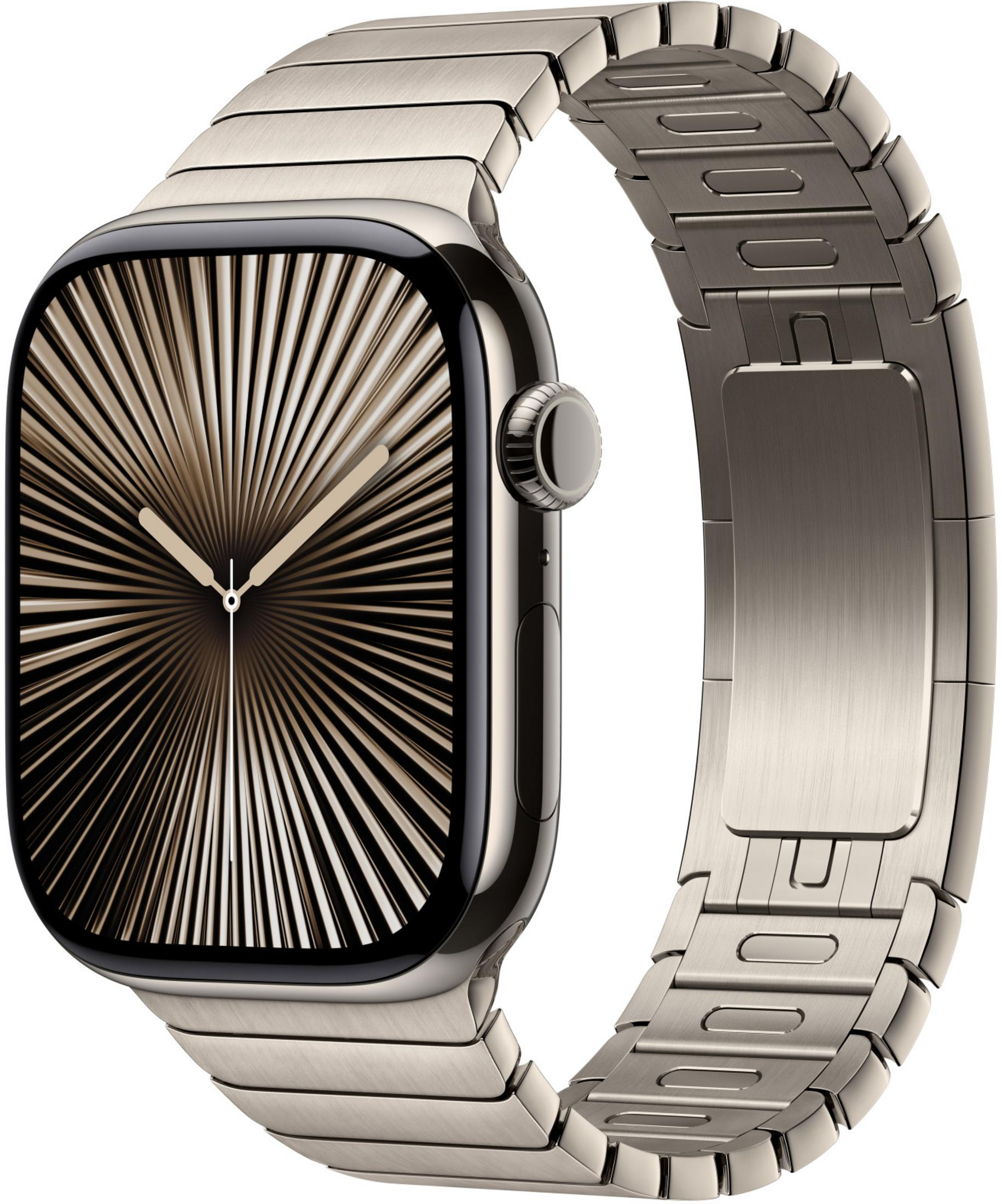 Srebrny smartwatch z tarczą gwieździstą i bransoletą z ogniw.