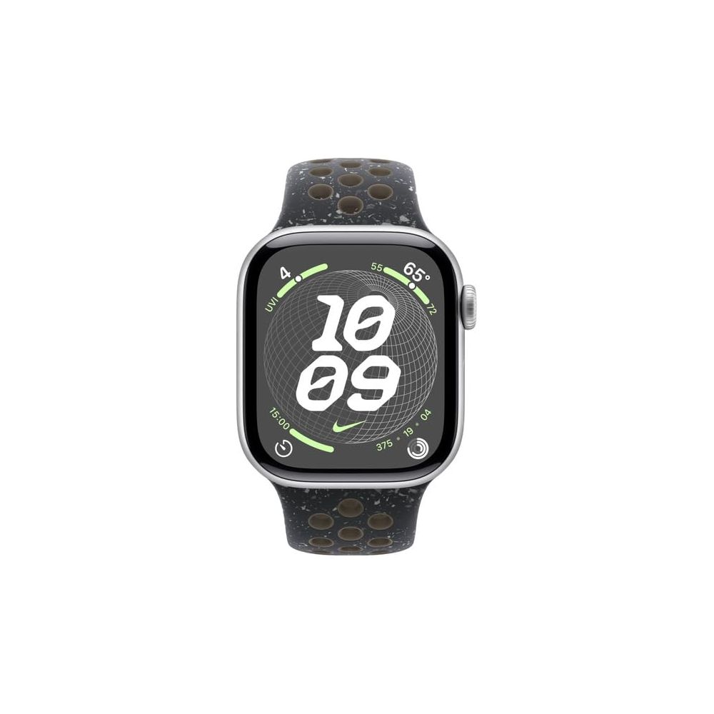 Uno smartwatch grigio con cinturino nero traforato e display digitale.