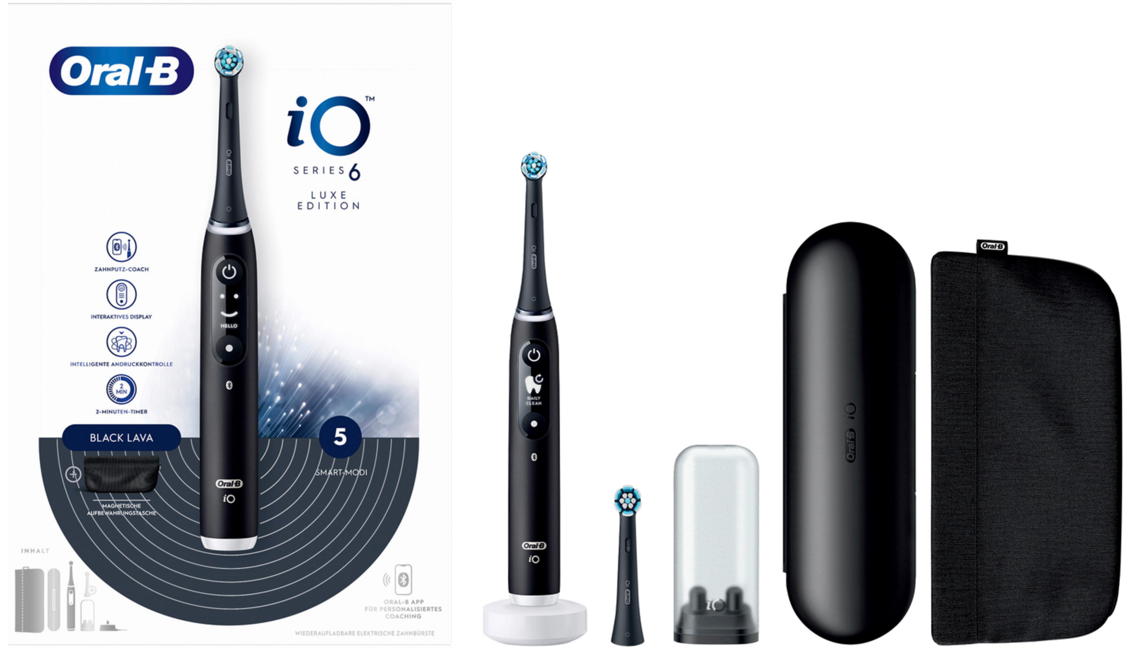 Czarna elektryczna szczoteczka Oral-B iO Series 6 z akcesoriami.