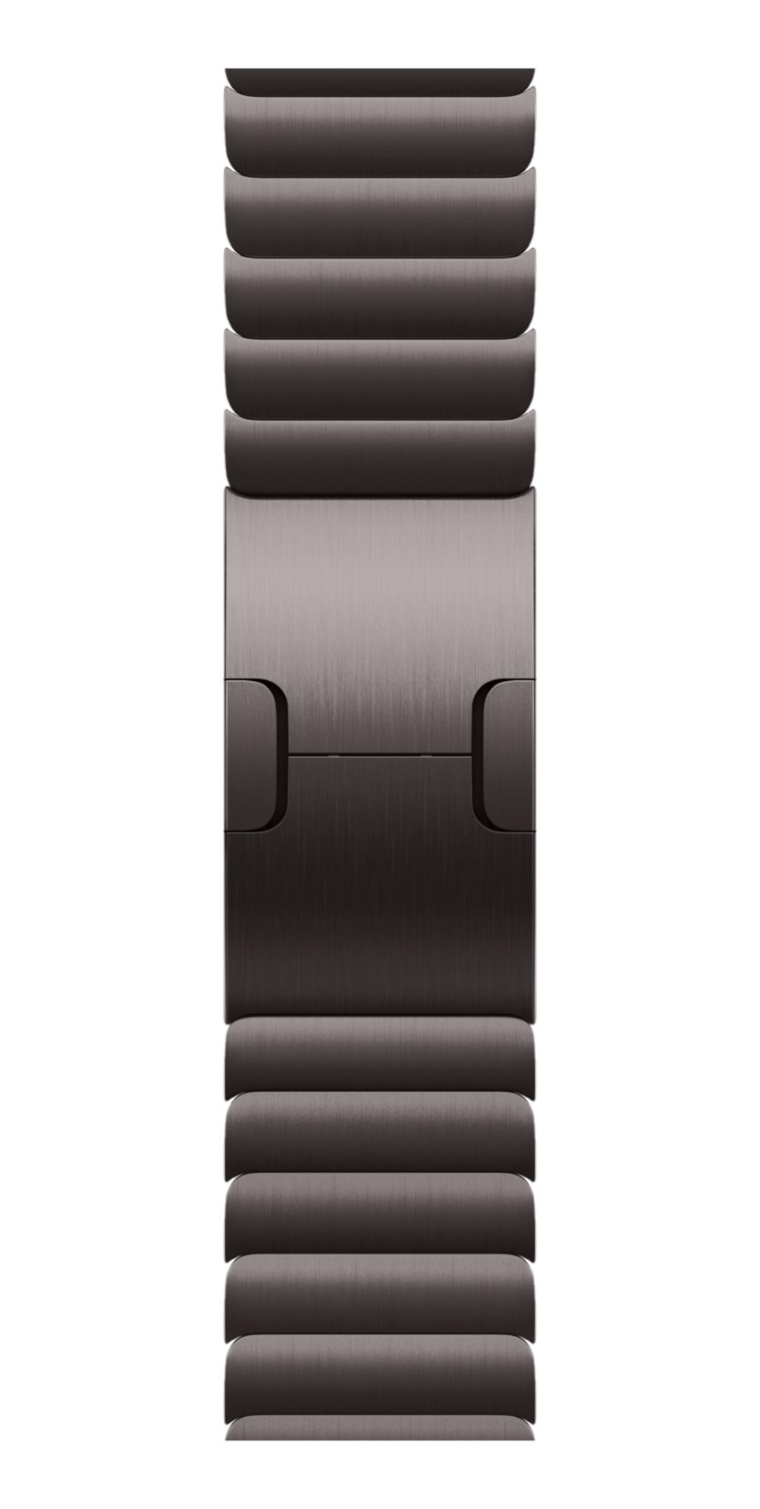 Ciemnoszara metalowa bransoleta do zegarka z ogniwami i zapięciem.