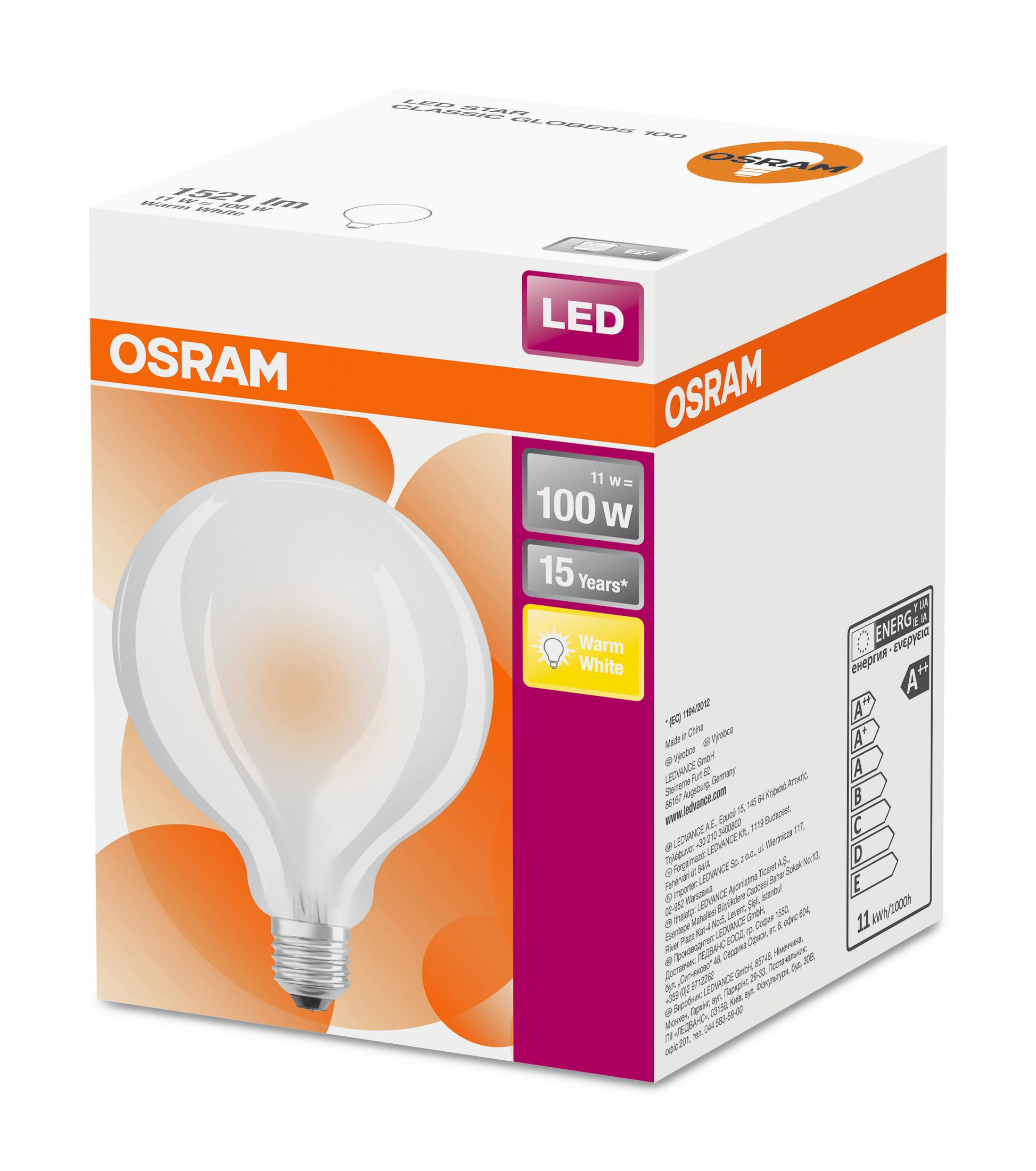 Żarówka LED OSRAM, 11W=100W, Ciepła Biel, Klasa energetyczna A++.