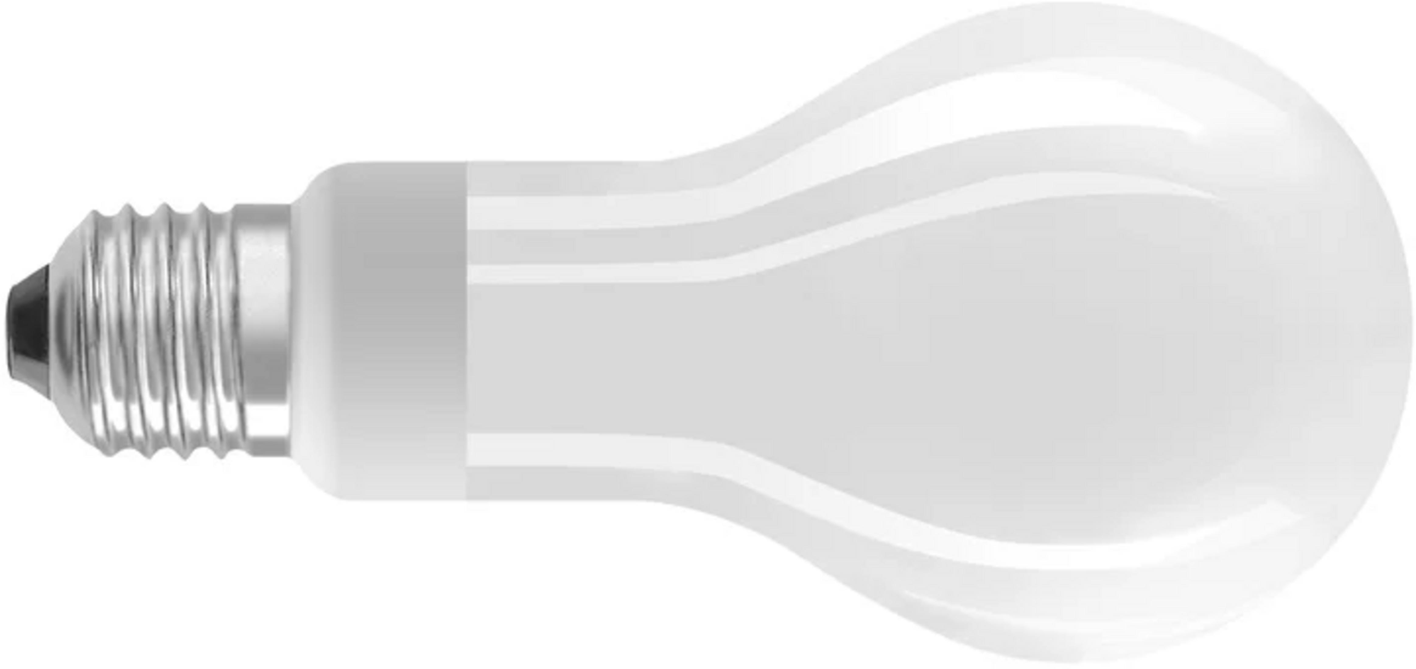 Biała żarówka ze srebrną metalową podstawą i niebieskimi paskami.