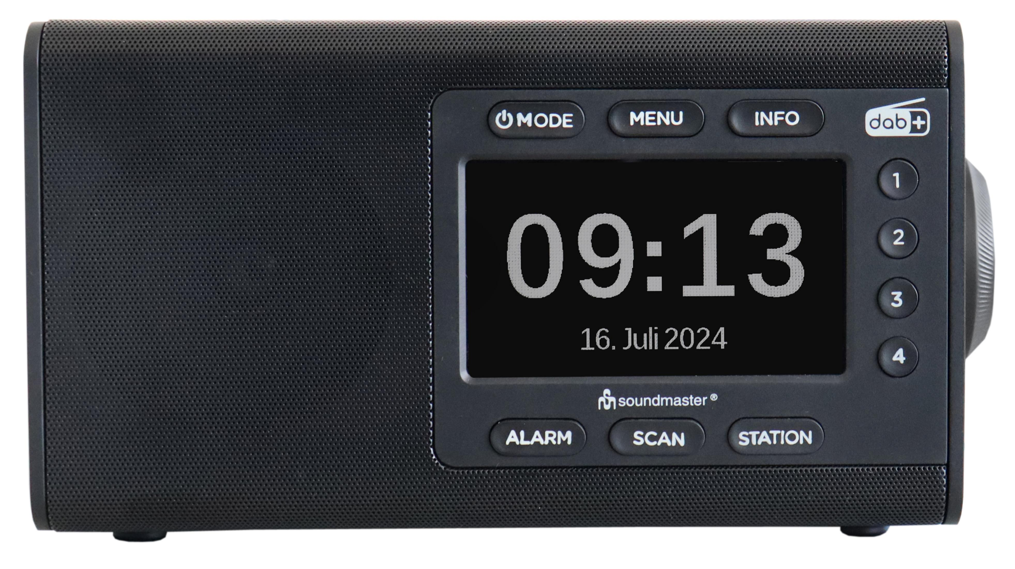Una radio DAB+ nera che mostra ora e data digitalmente.