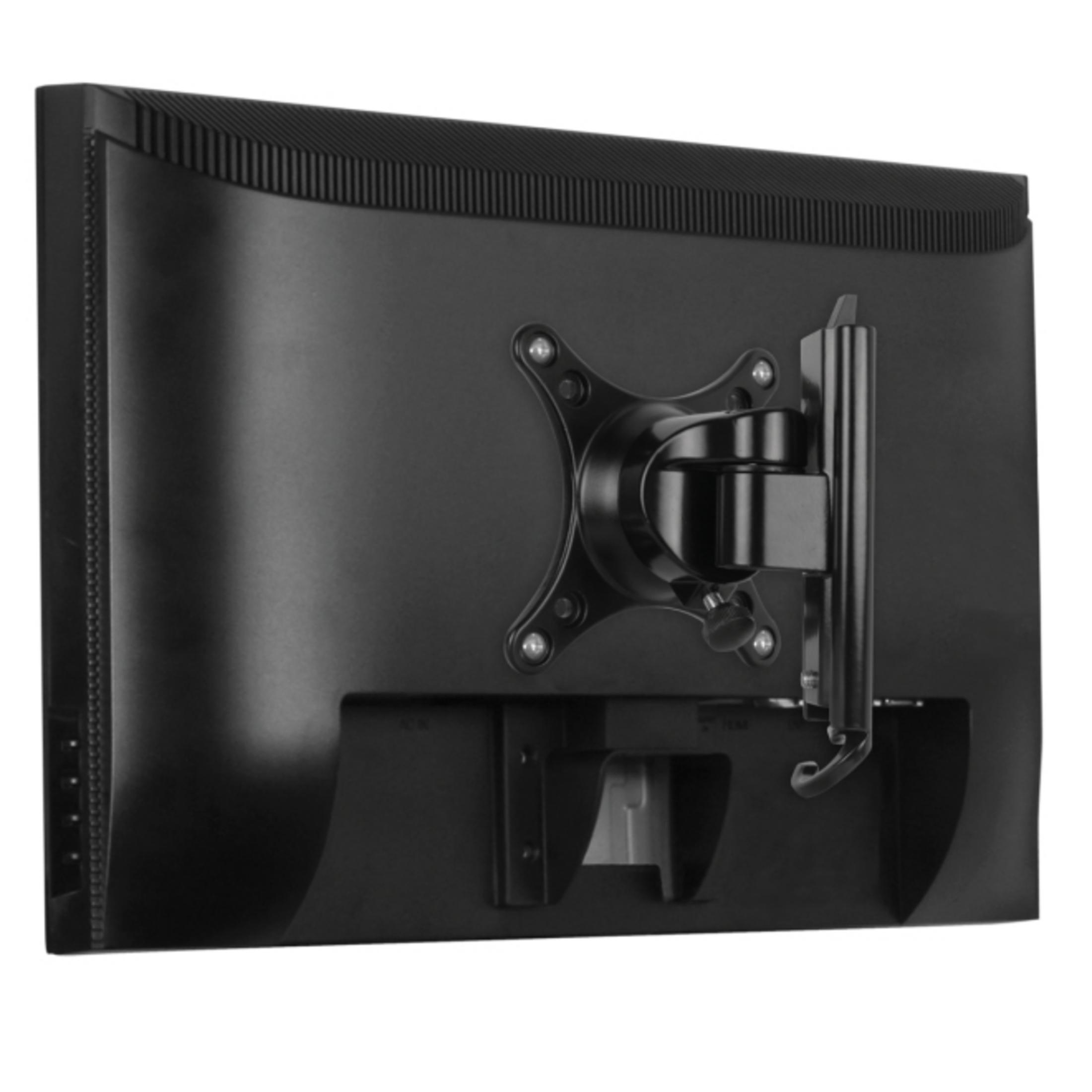 Rückseite eines schwarzen Monitors mit VESA-Halterung.