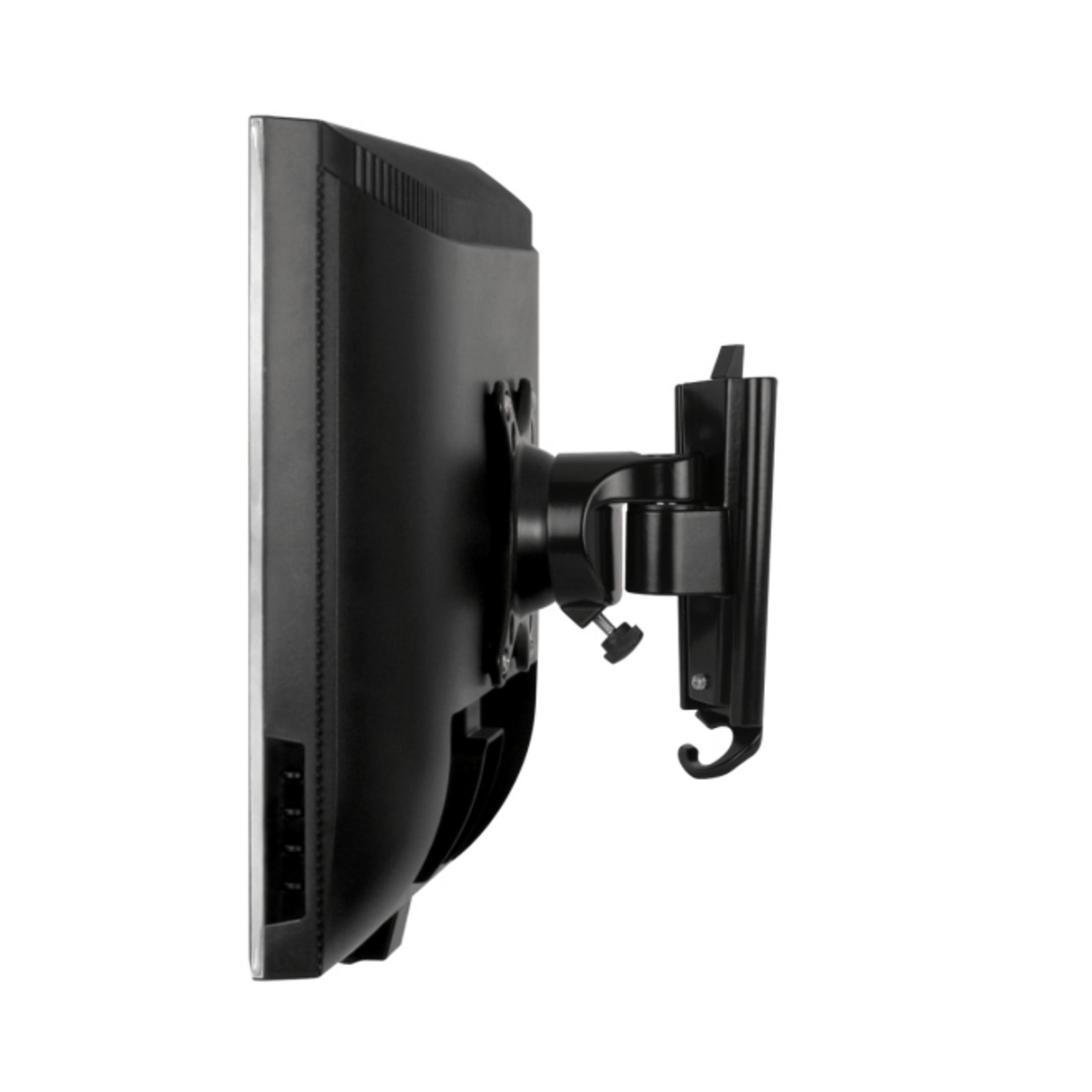 Schwarzer Monitorhalter mit verstellbarem Arm und Klemme, seitliche Ansicht.
