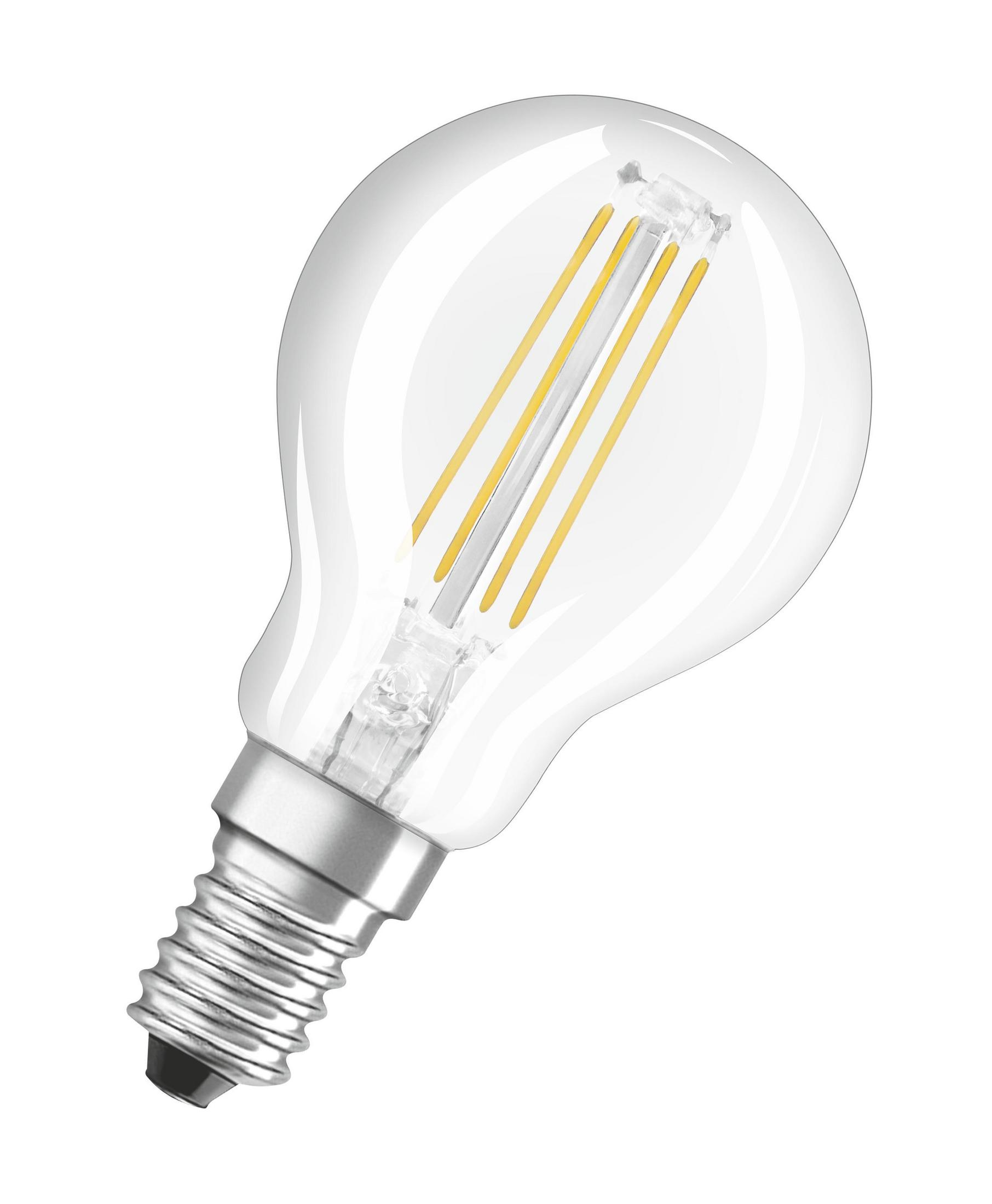 Una lampadina trasparente con filamenti LED visibili e base E14.