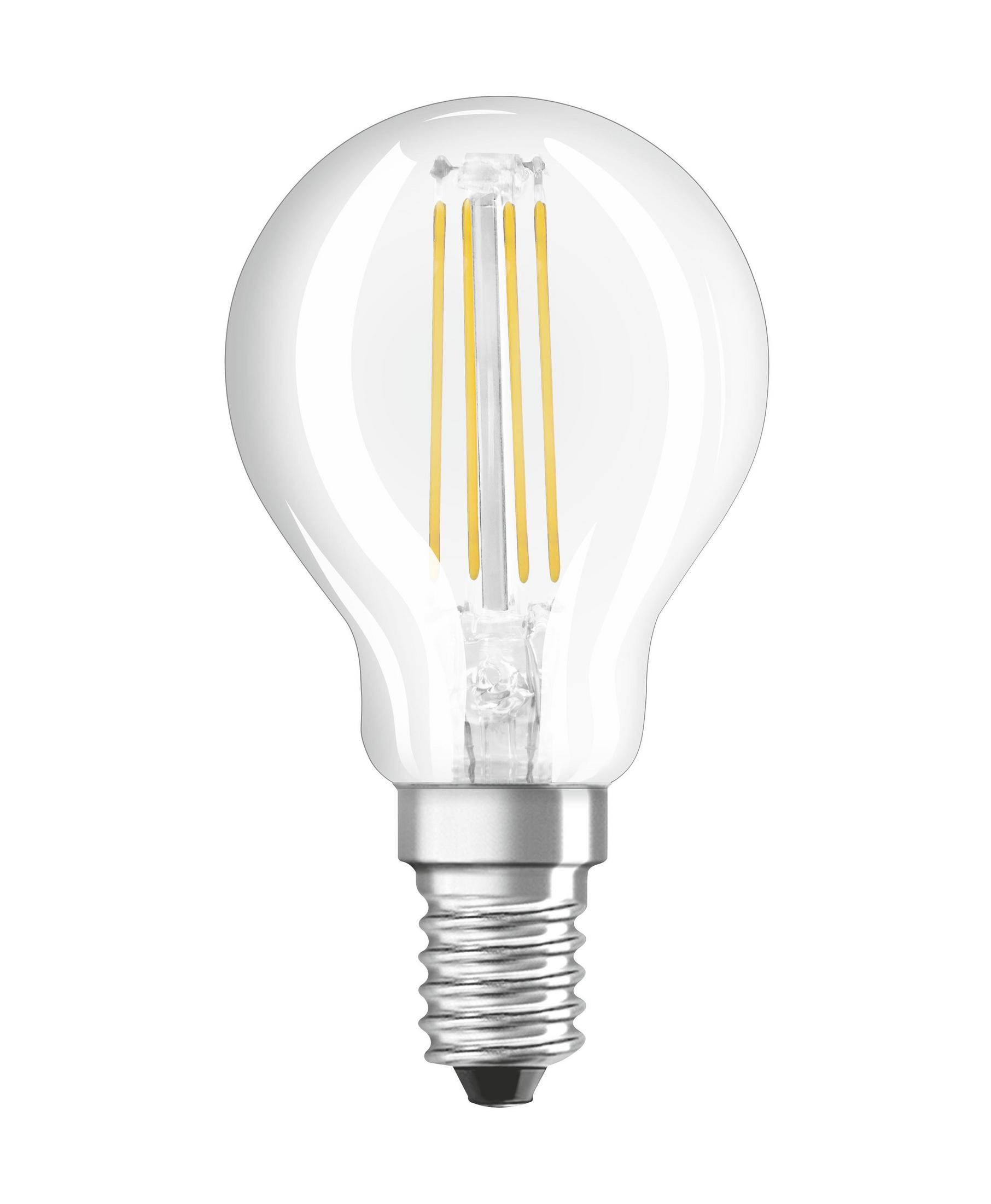 Una lampadina trasparente con base a vite argentata e tre filamenti gialli.
