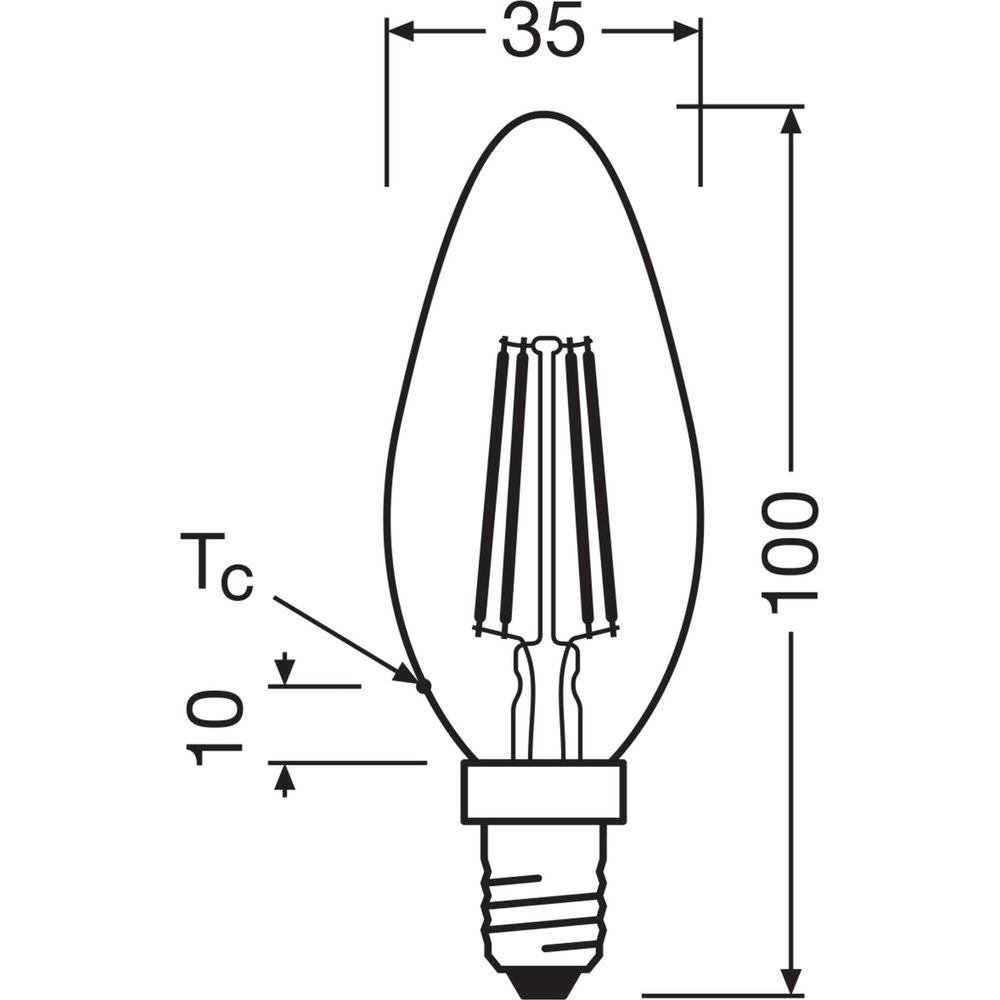 Disegno tecnico di una lampadina a candela con dimensioni. Larghezza 35mm, lunghezza 100mm.
