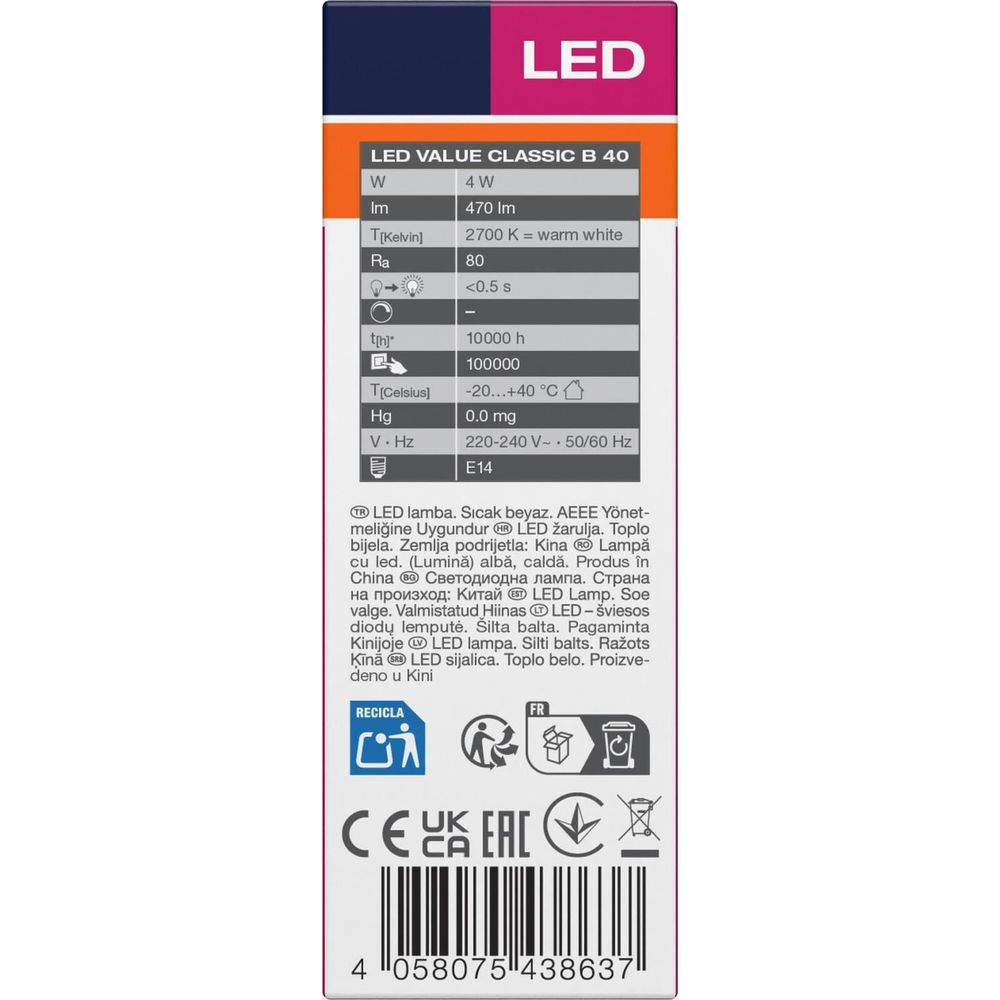 Lampadina LED, 4W, 470lm, bianco caldo, attacco E14, 220-240V.