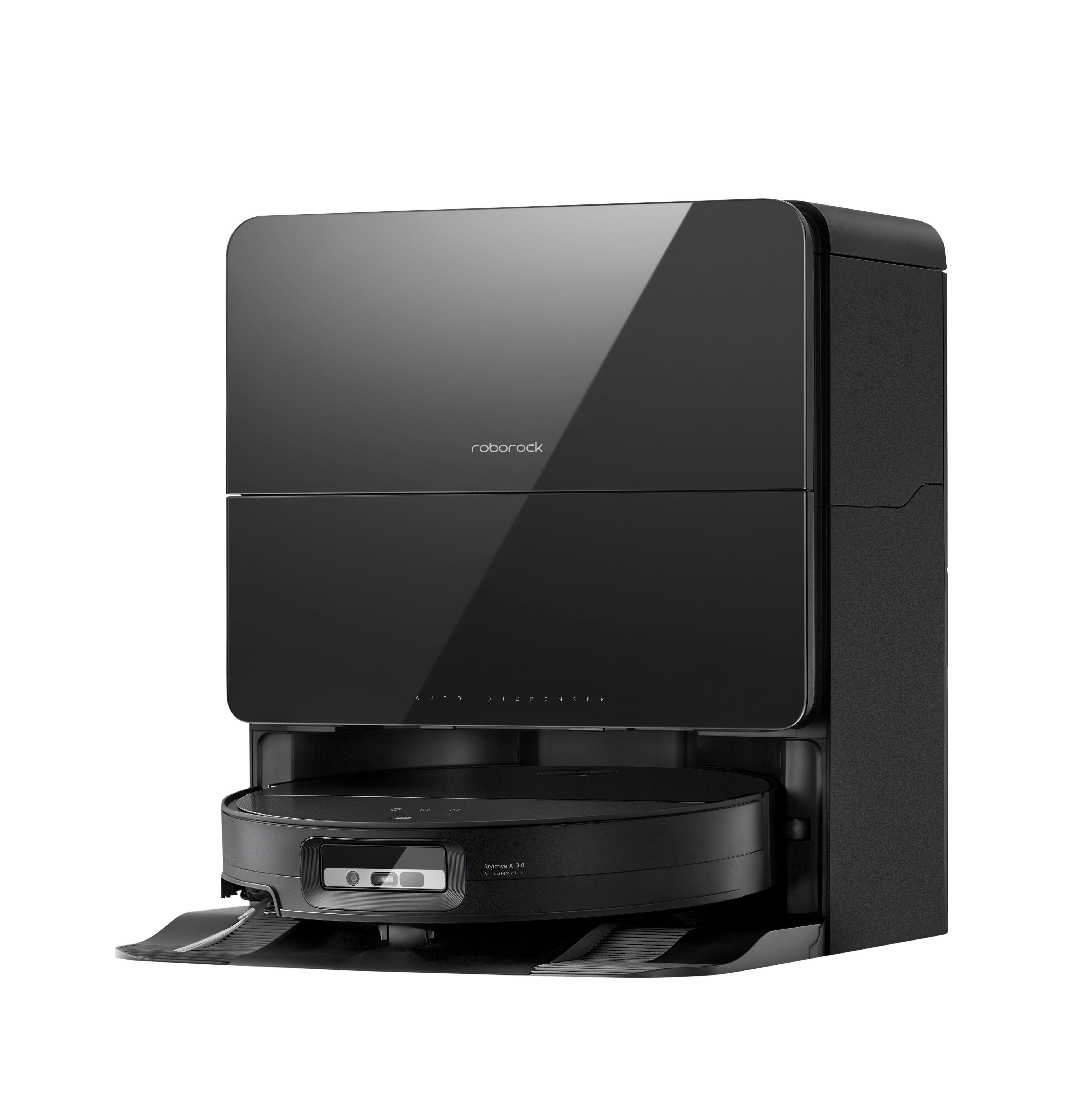 Czarny robot sprzątający ze stacją dokującą.