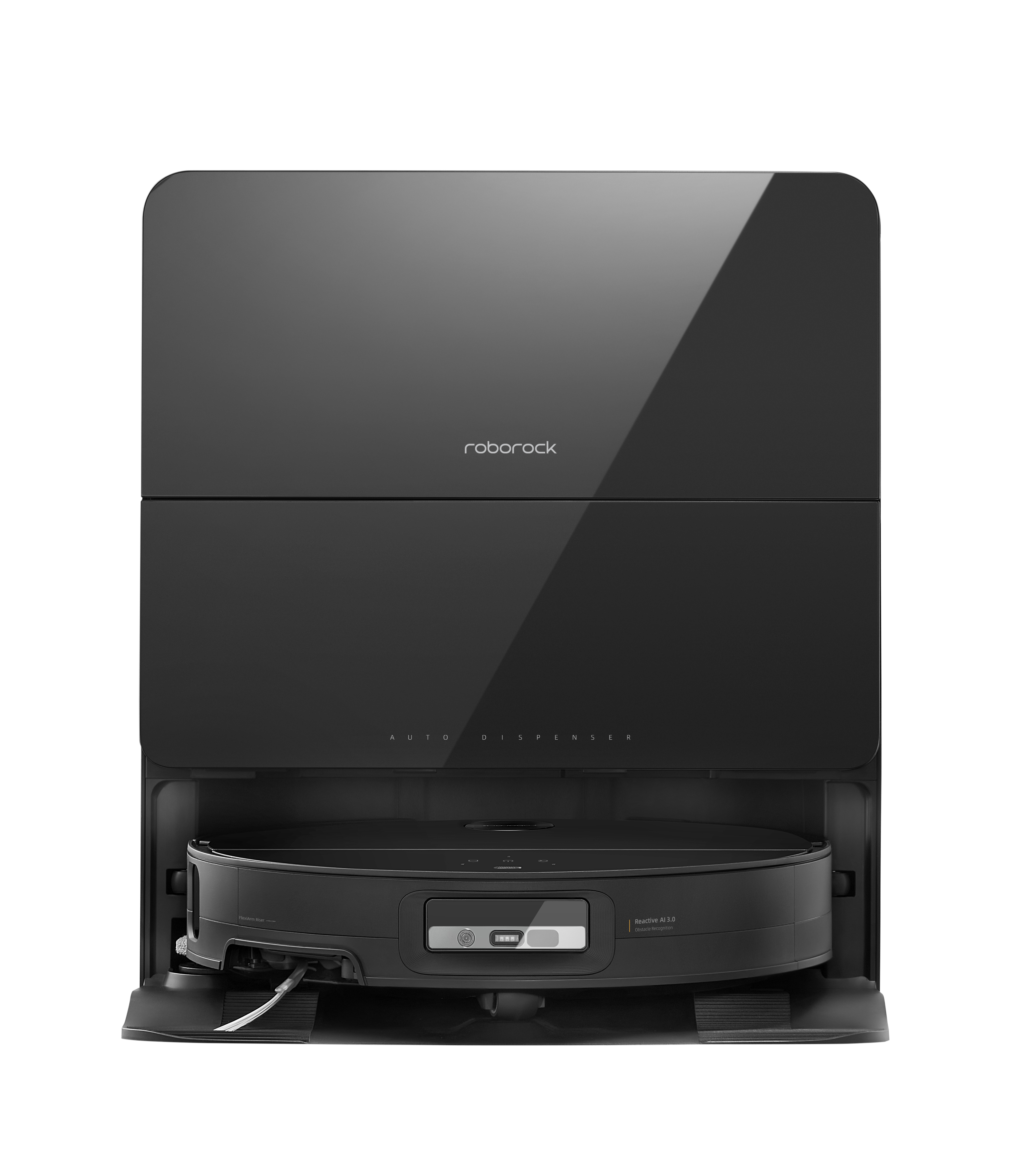 Czarny robot odkurzający Roborock ze stacją ładującą.