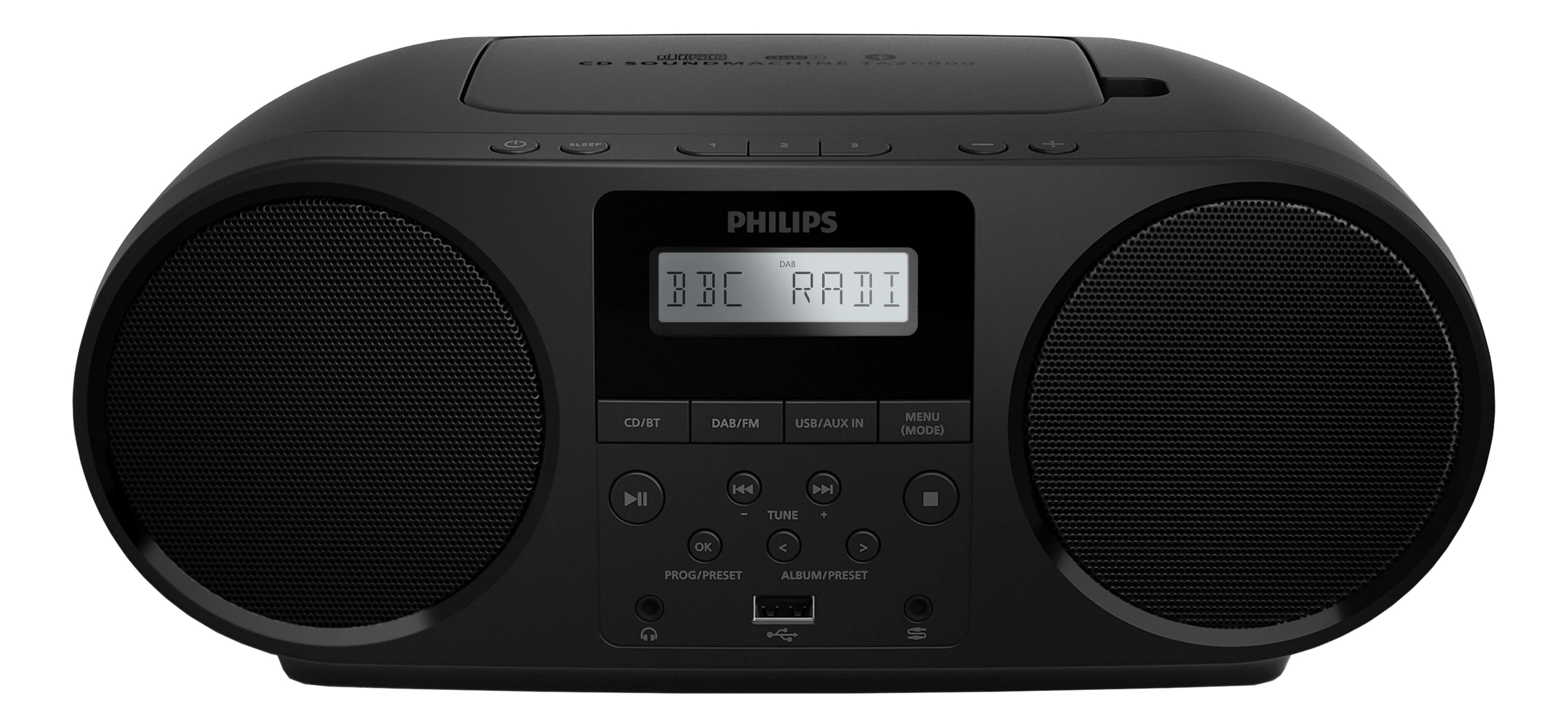Zwarte Philips boombox met luidsprekers, display en bedieningsknoppen.
