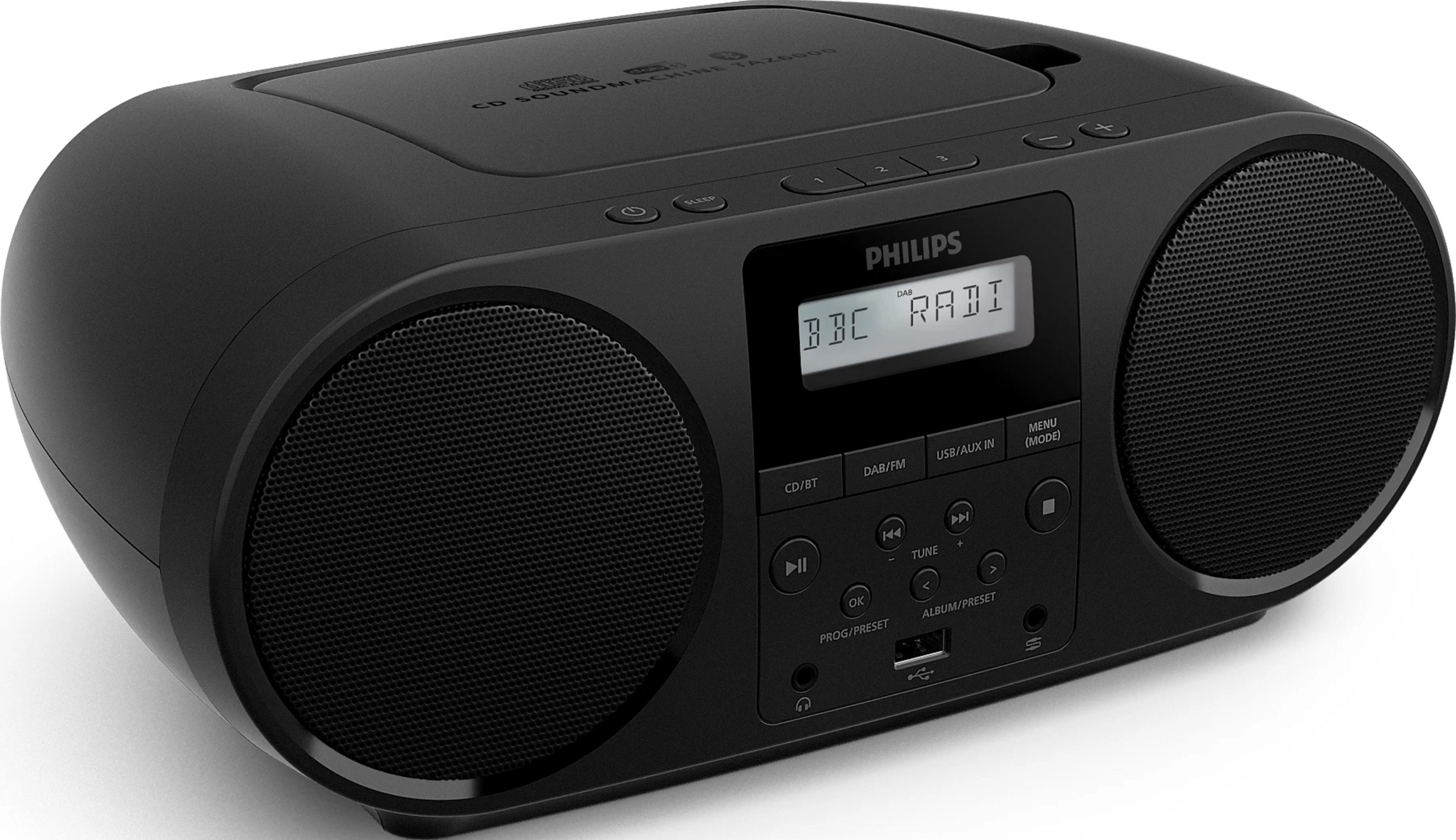 Zwarte draagbare CD-speler met FM-radio, toont BBC Radio op scherm.