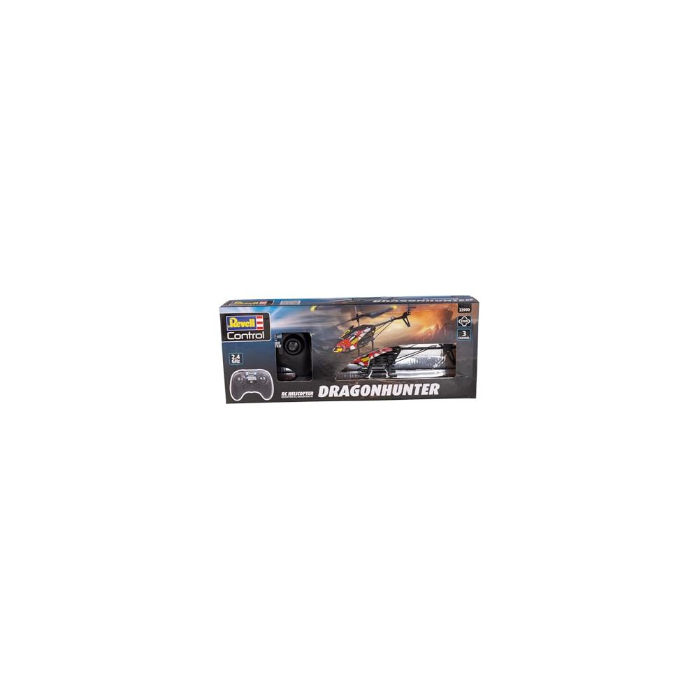 Revell Control RC Helikopter DRAGONHUNTER auf Verpackung mit Fernbedienung.