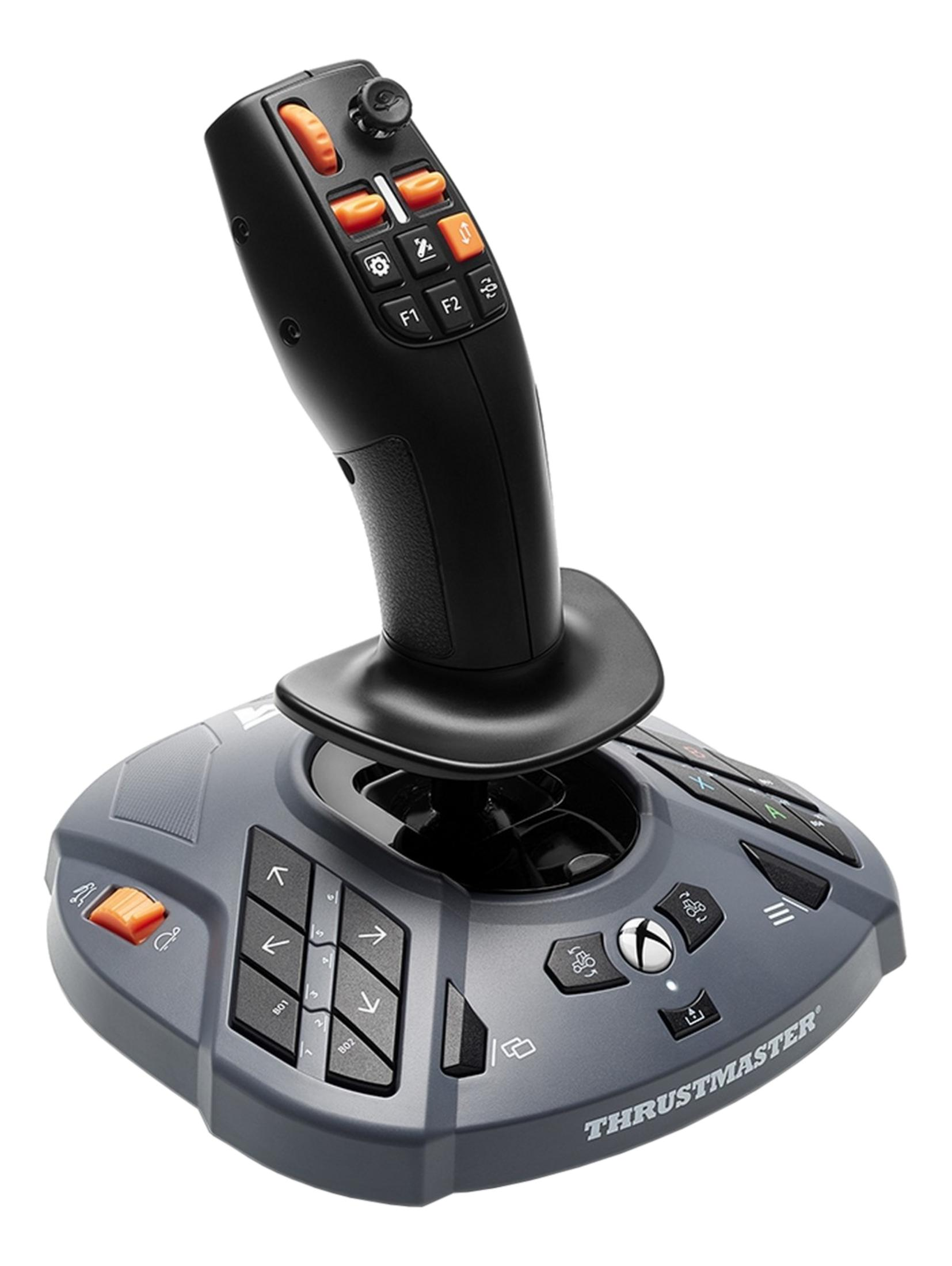 Czarny joystick z szarą podstawą i wieloma przyciskami.