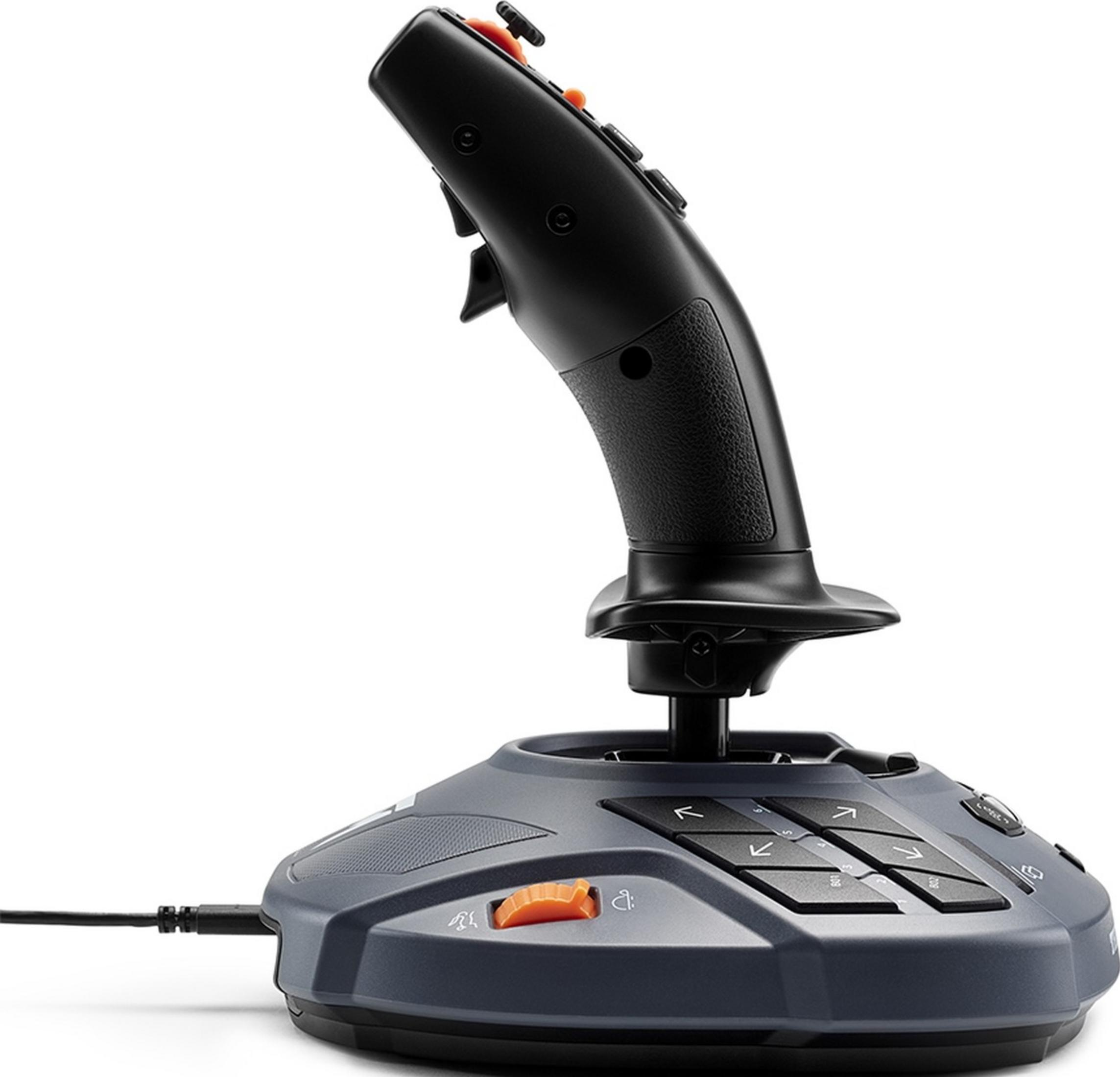 Czarny joystick z szarą podstawą i pomarańczowymi akcentami, na białym tle.