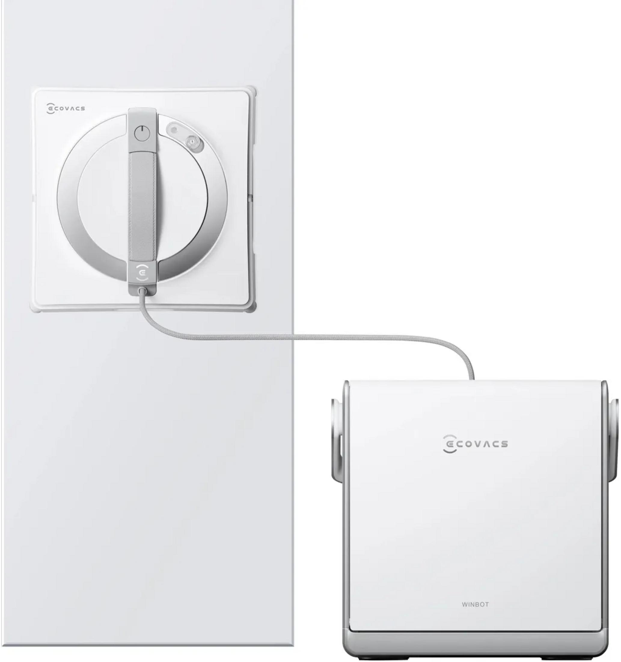 Biały robot do czyszczenia okien jest podłączony do białej stacji bazowej.