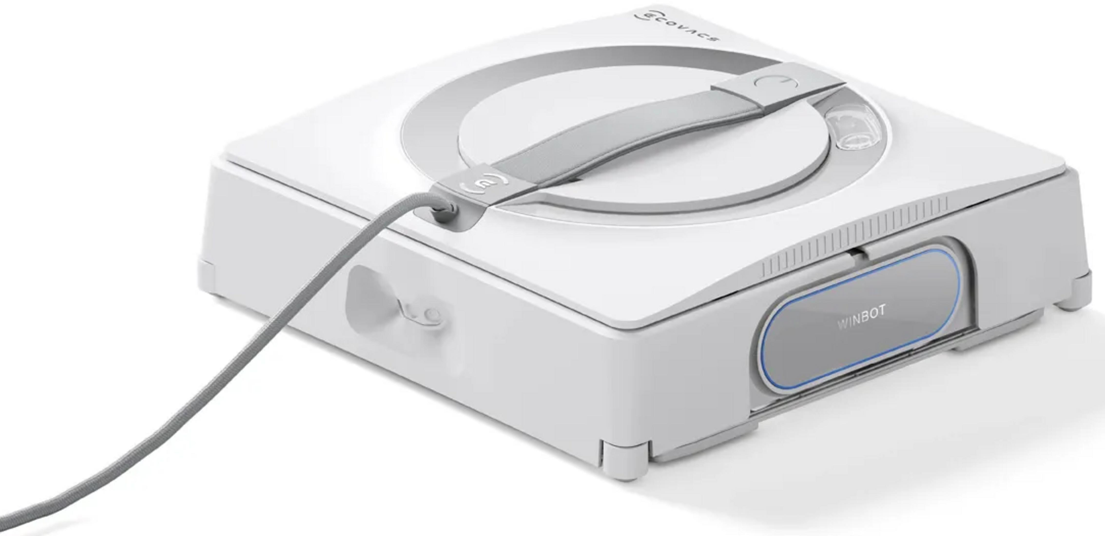Biała myjka do okien Ecovacs Winbot z szarym paskiem i kablem na białym tle.
