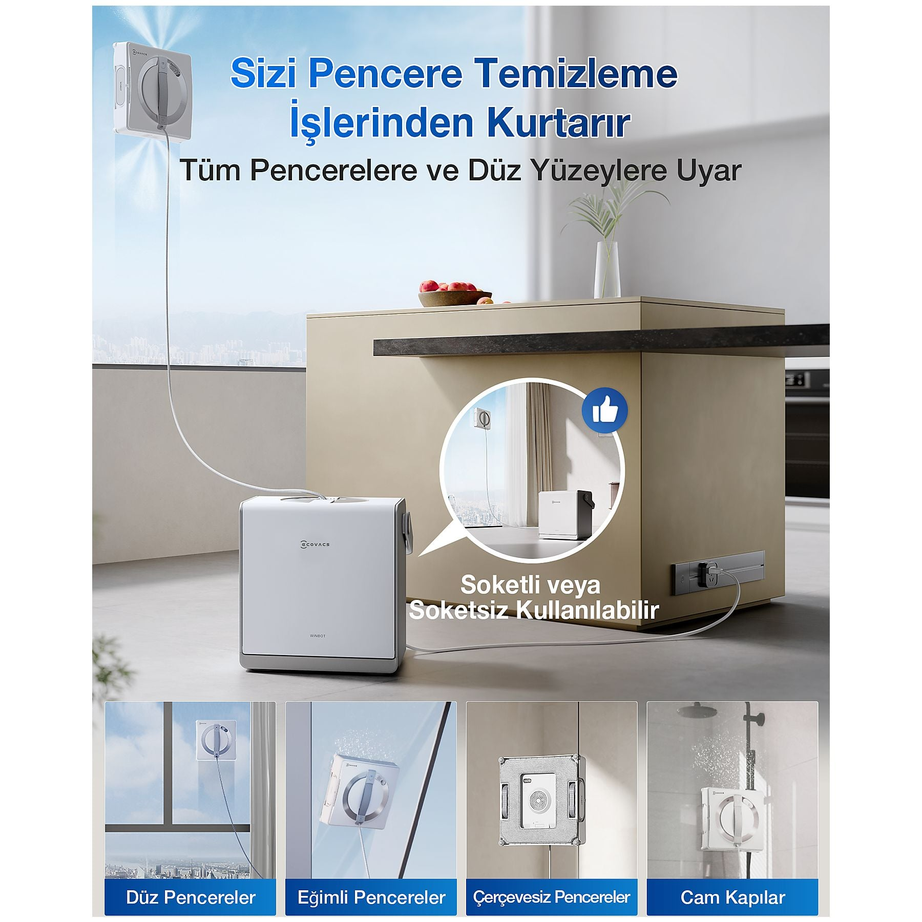 Robot do czyszczenia okien i powierzchni, ze stacją bazową i przykładami zastosowań.