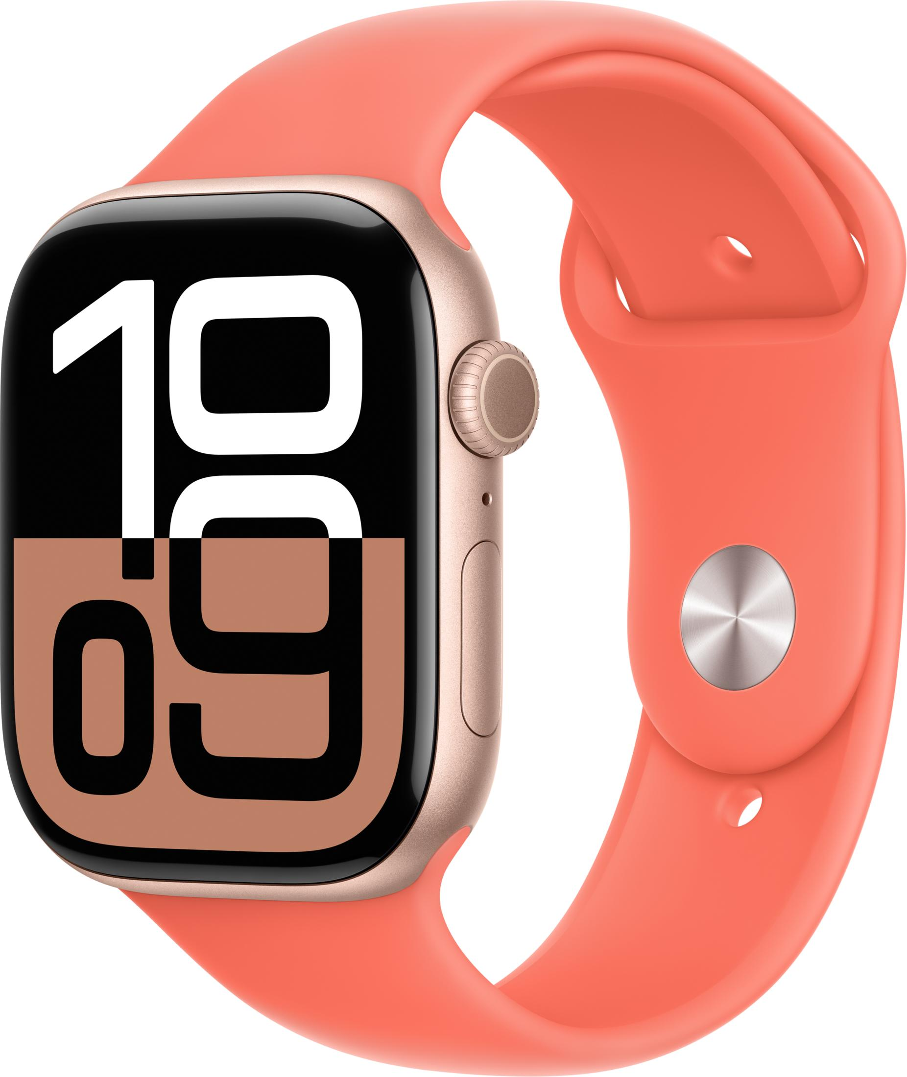 Un reloj inteligente rosa coral con caja dorada y pantalla de hora digital.