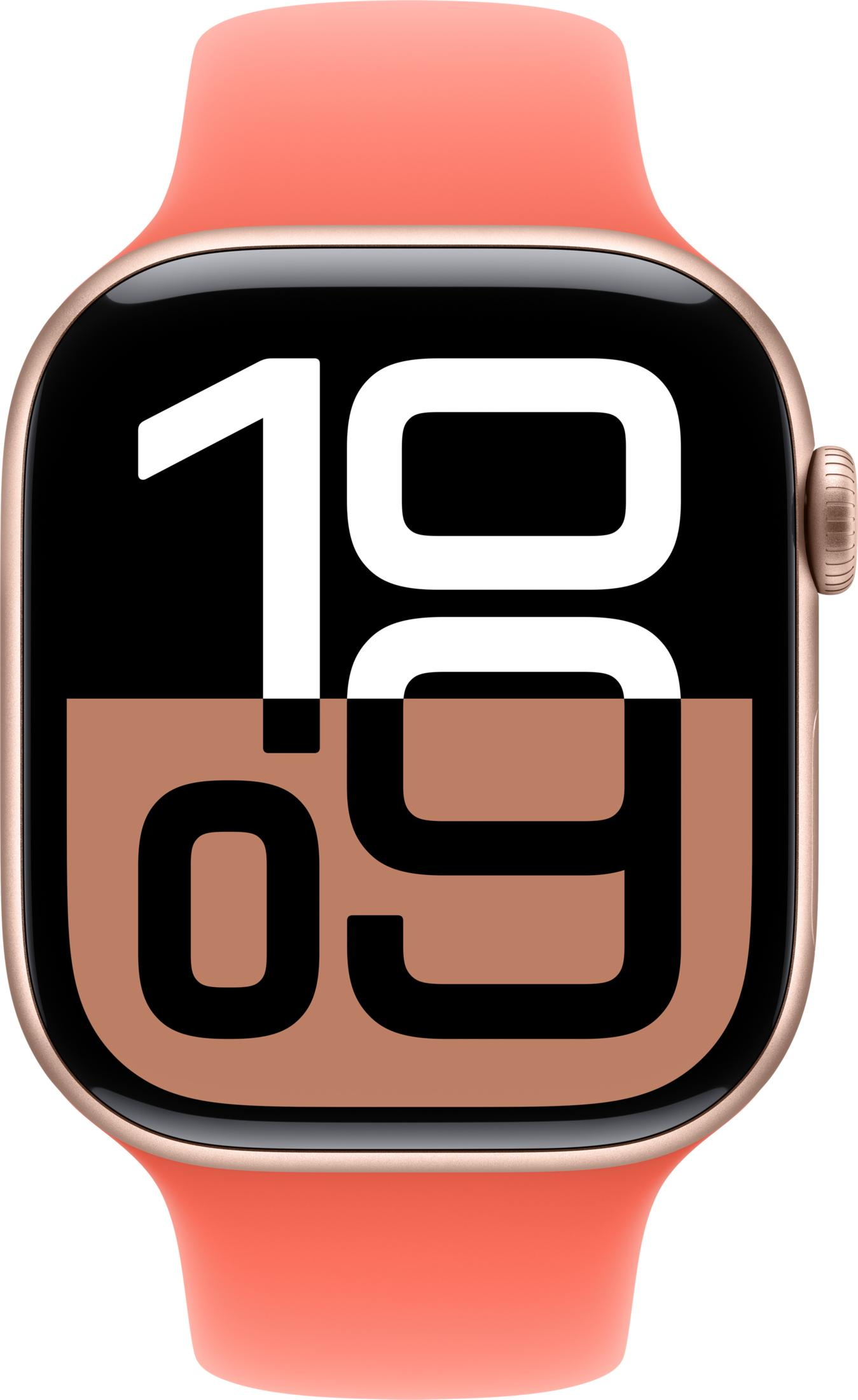 Un reloj inteligente rosa coral muestra las 10:09 en su pantalla.