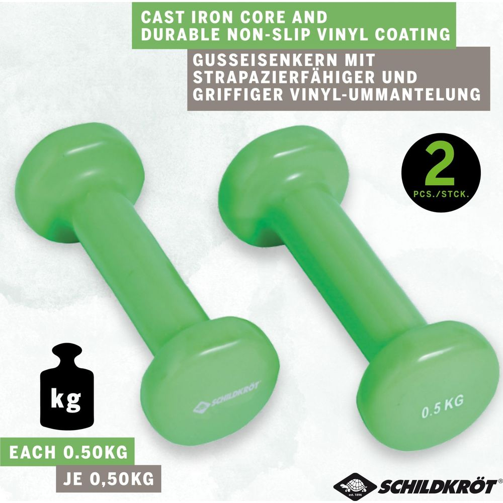Zwei grüne Hanteln mit je 0,5 kg auf weißem Hintergrund.