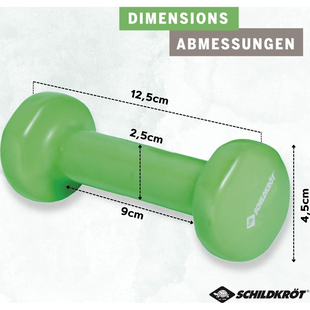 Grüne Hantel mit Maßen: 12,5cm Länge, 2,5cm Breite, 4,5cm Höhe.
