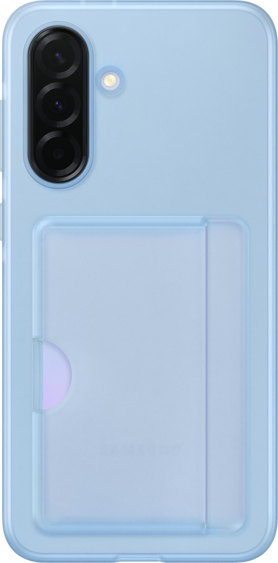 Una funda de teléfono azul claro con tres cámaras y una ranura para tarjetas.