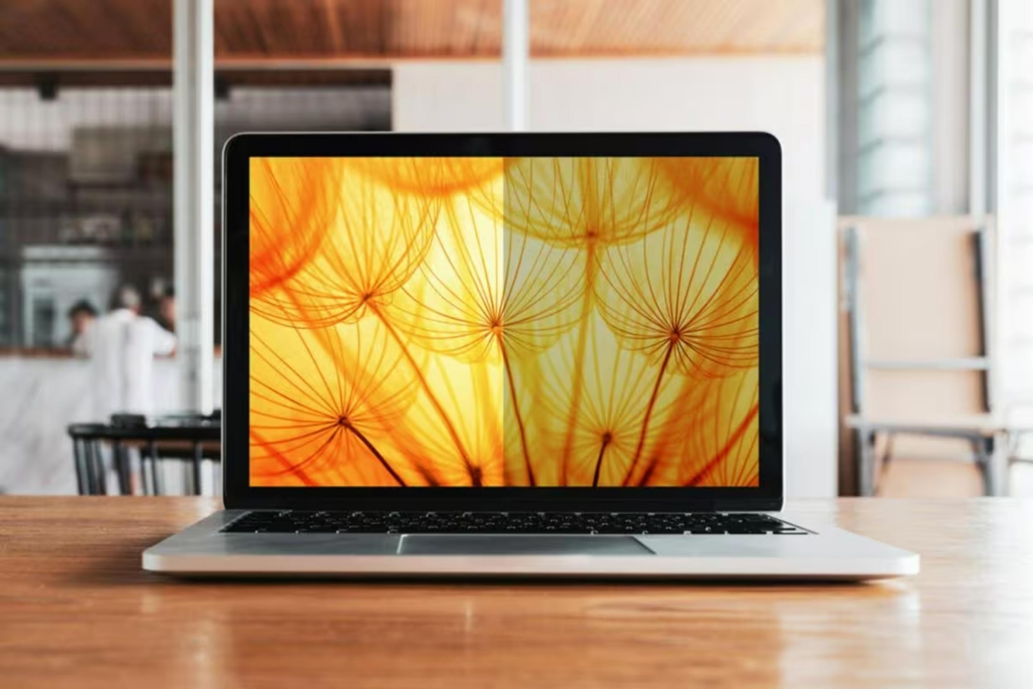 Ein Laptop auf einem Holztisch mit einem Dandelion-Wallpaper.