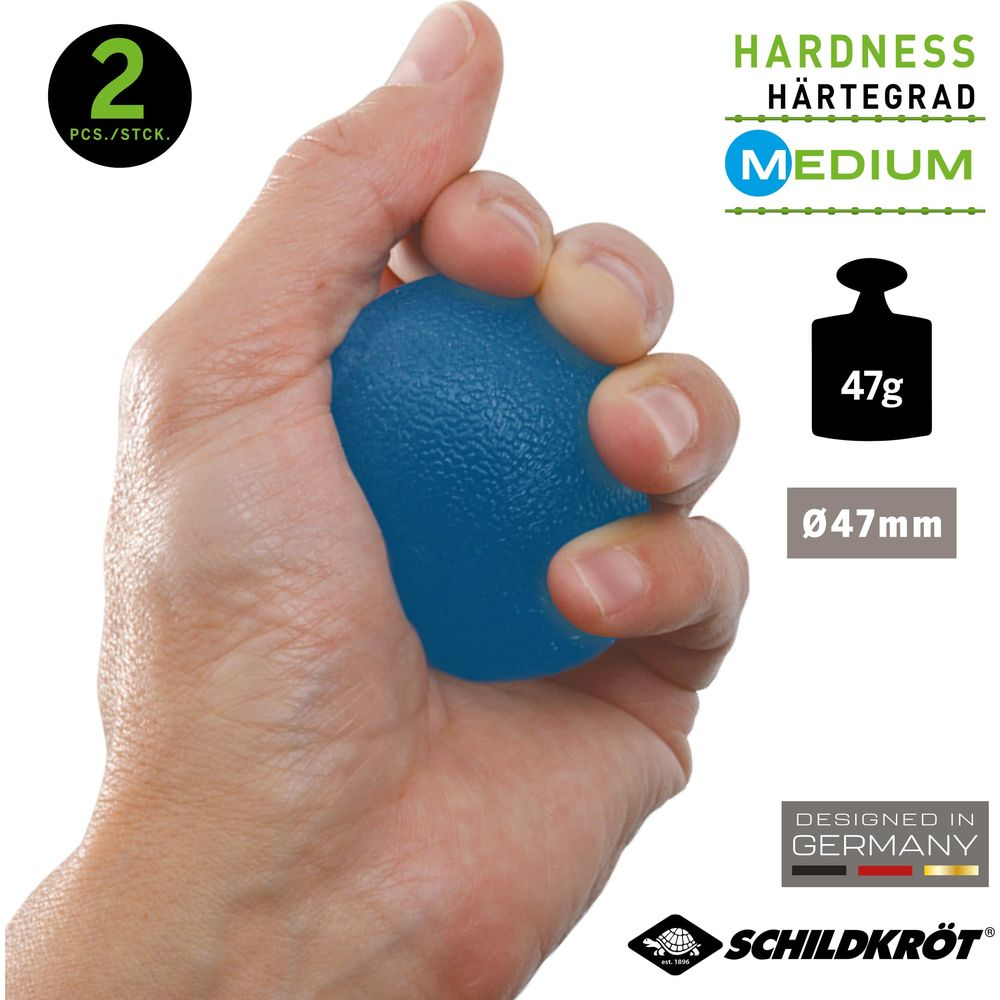 Blaue Handtrainer-Kugel wird von einer Hand gehalten. 47g, 47mm Ø.