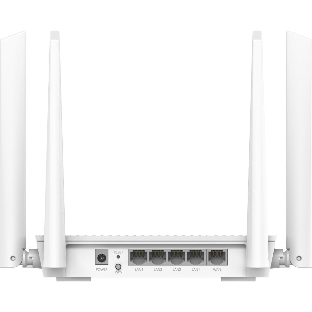 Un routeur blanc avec quatre antennes et des ports à l'arrière.