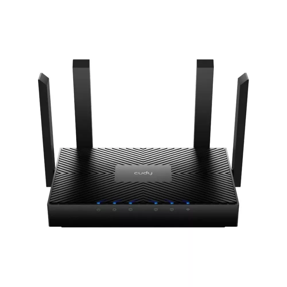 Un routeur noir avec quatre antennes et un motif de lignes sur son boîtier.