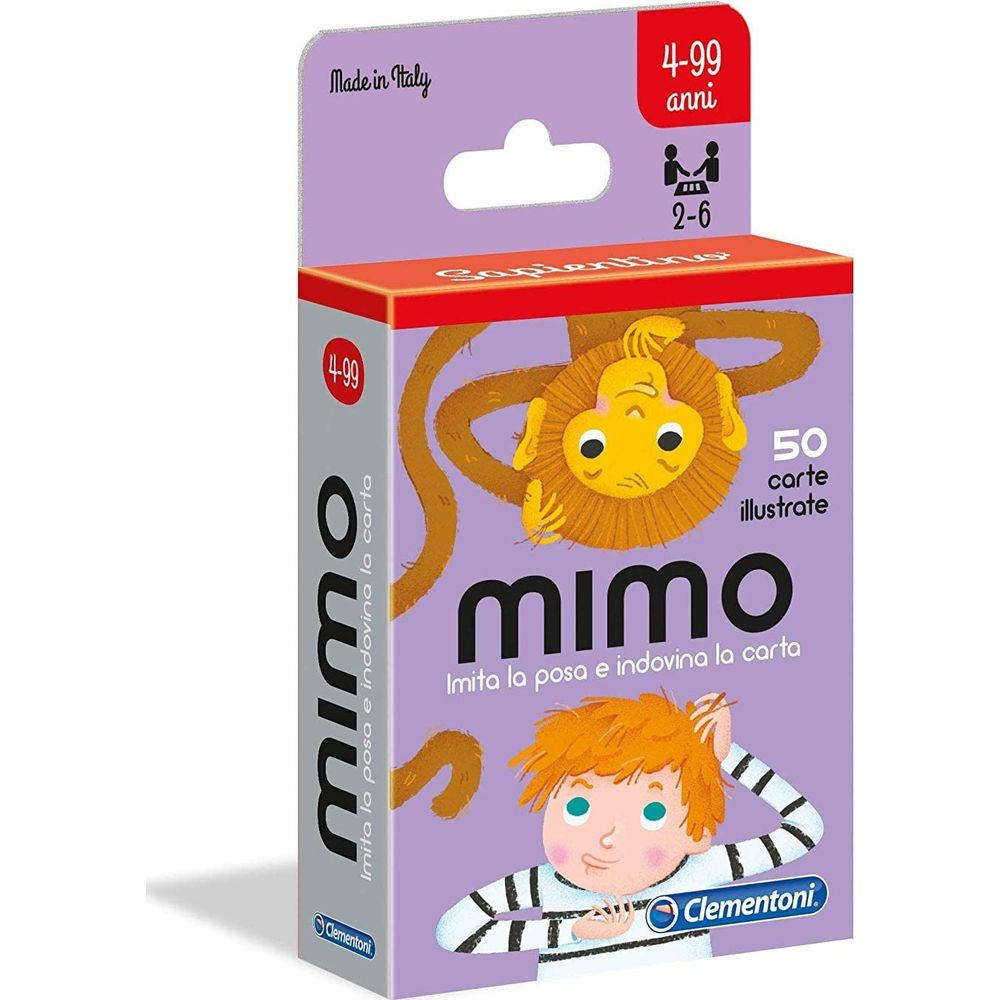 Pudełko gry z małpą do góry nogami i chłopcem. Logo "Mimo", Made in Italy.