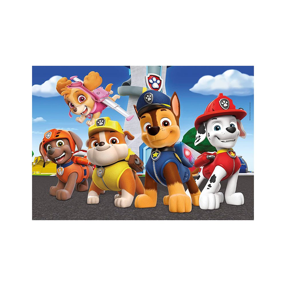 Cztery psy z Psiego Patrolu w mundurach stoją przed budynkiem.