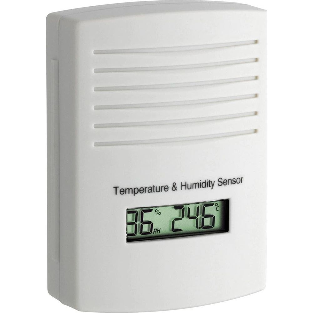 Biały czujnik temperatury i wilgotności z cyfrowym wyświetlaczem pokazującym 36% i 24,6°C.