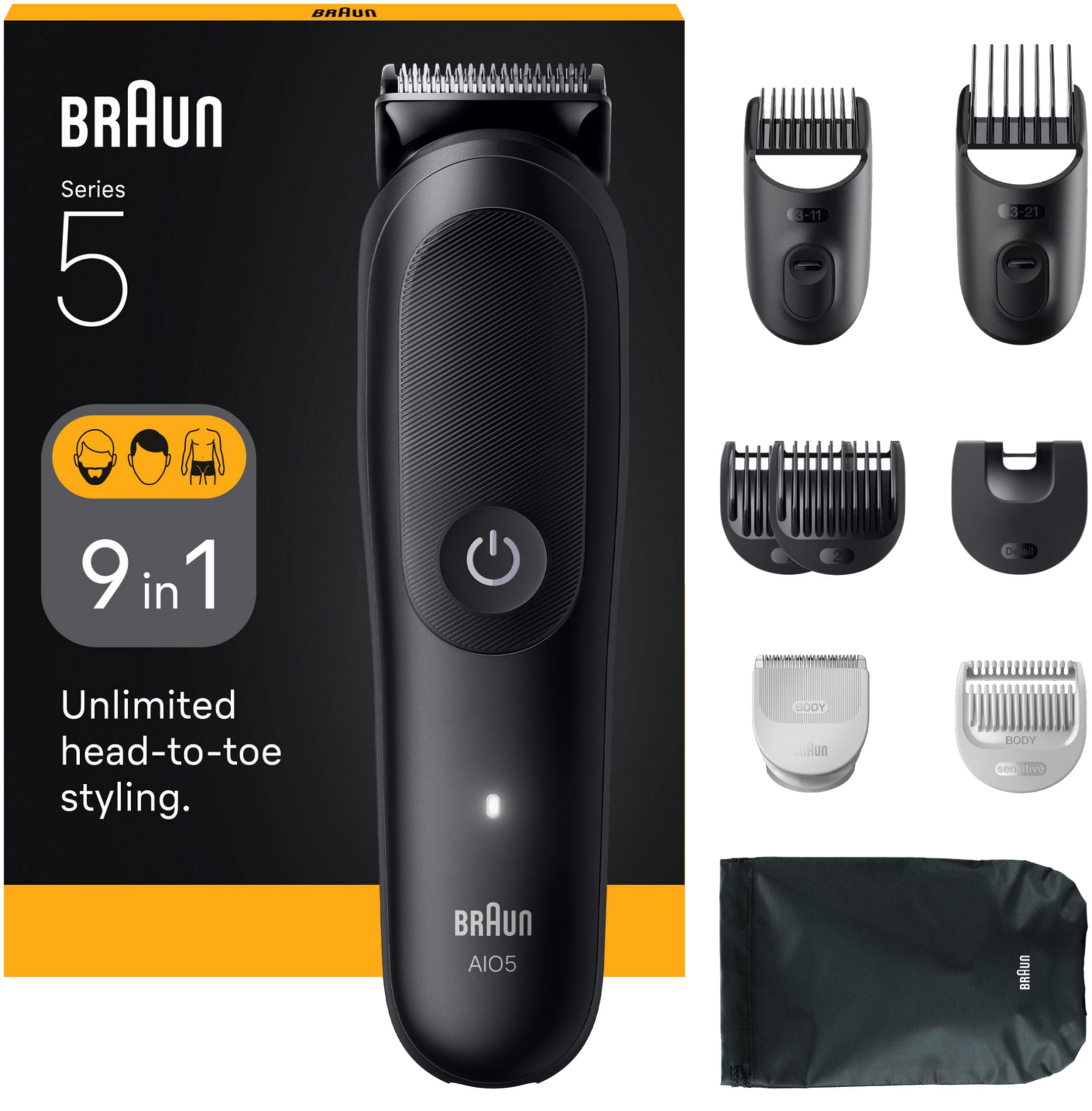 Braun Series 5 Barttrimmer mit 9 Aufsätzen und schwarzer Tasche.
